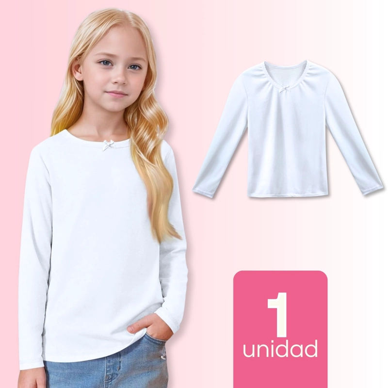CAMISETA ALGODÓN MANGA LARGA POLERA NIÑA PRIMERA CAPA CUELLO REDONDO BLANCA - 1