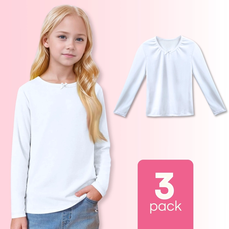 PACK 3 CAMISETAS ALGODÓN MANGA LARGA POLERA NIÑA PRIMERA CAPA CUELLO REDONDO BLANCA - 1