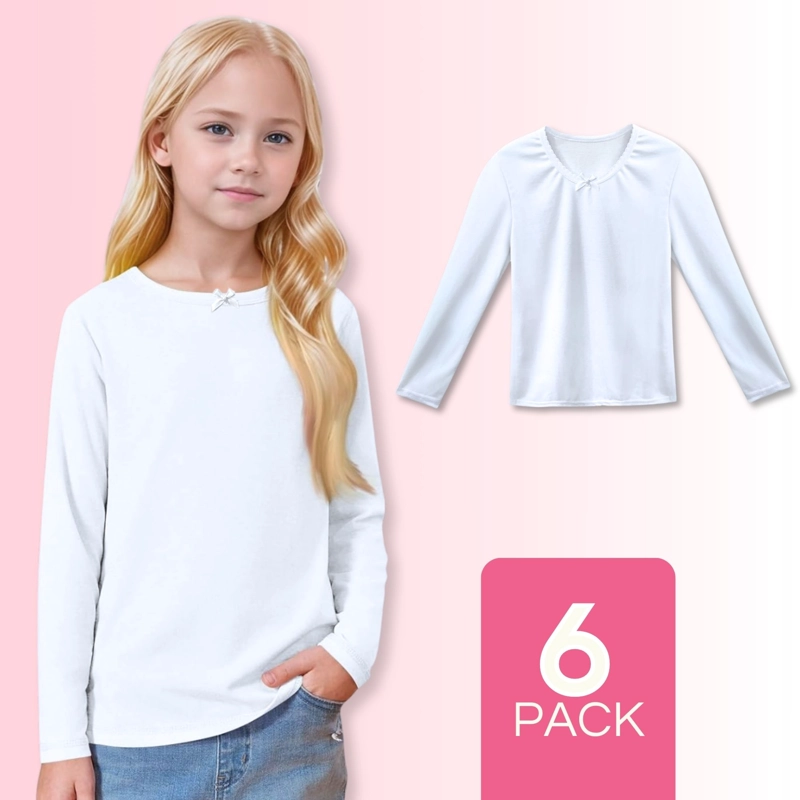 PACK 6 CAMISETAS ALGODÓN MANGA LARGA POLERA NIÑA PRIMERA CAPA CUELLO REDONDO BLANCA - 1