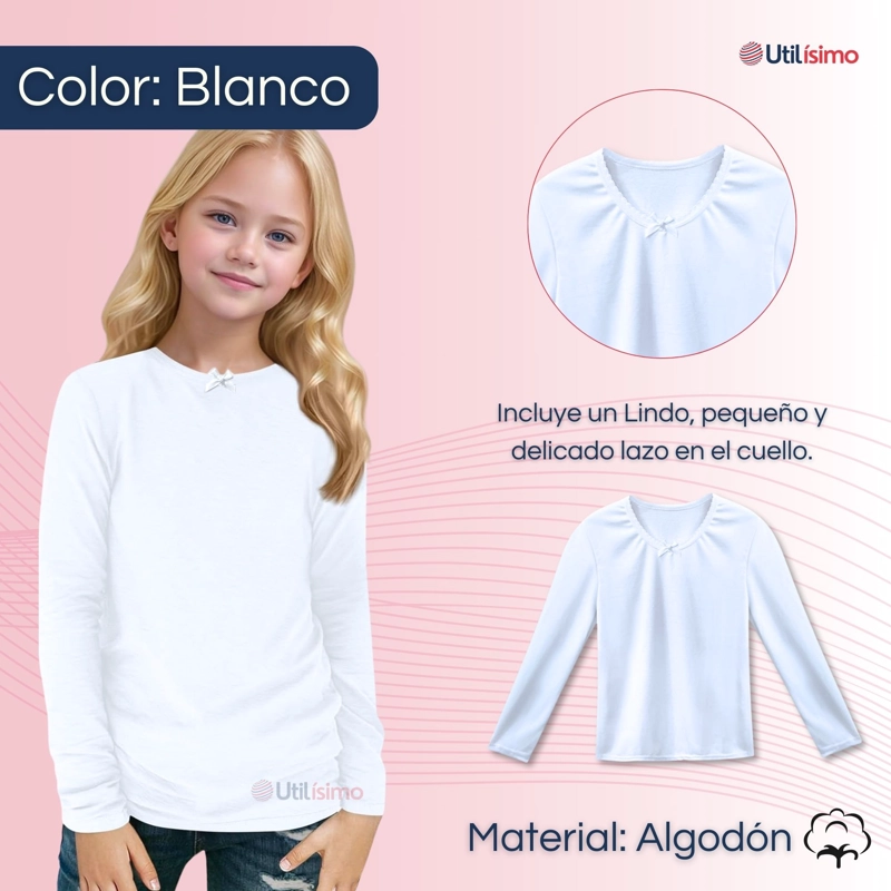 PACK 6 CAMISETAS ALGODÓN MANGA LARGA POLERA NIÑA PRIMERA CAPA CUELLO REDONDO BLANCA - 2