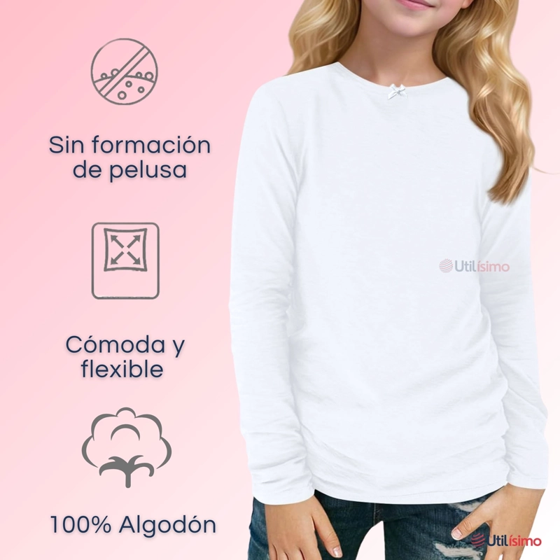 PACK 6 CAMISETAS ALGODÓN MANGA LARGA POLERA NIÑA PRIMERA CAPA CUELLO REDONDO BLANCA - 6