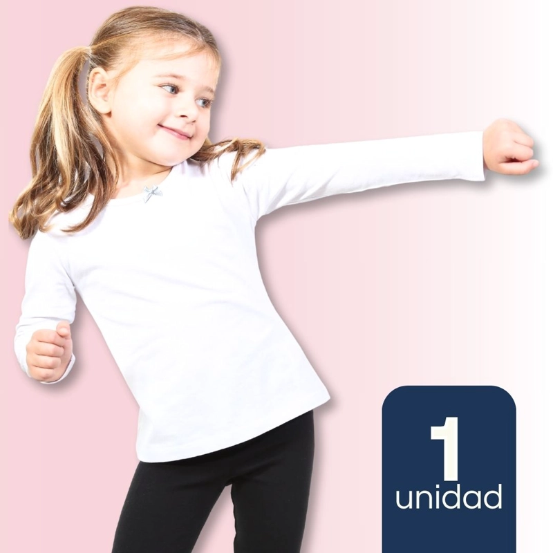 CAMISETA ALGODÓN MANGA LARGA POLERA NIÑA PRIMERA CAPA CUELLO REDONDO BLANCA - 1
