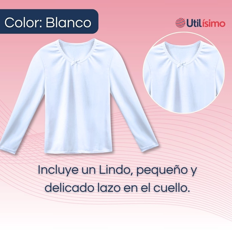 CAMISETA ALGODÓN MANGA LARGA POLERA NIÑA PRIMERA CAPA CUELLO REDONDO BLANCA - 2