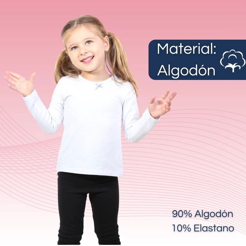 CAMISETA ALGODÓN MANGA LARGA POLERA NIÑA PRIMERA CAPA CUELLO REDONDO BLANCA - 4