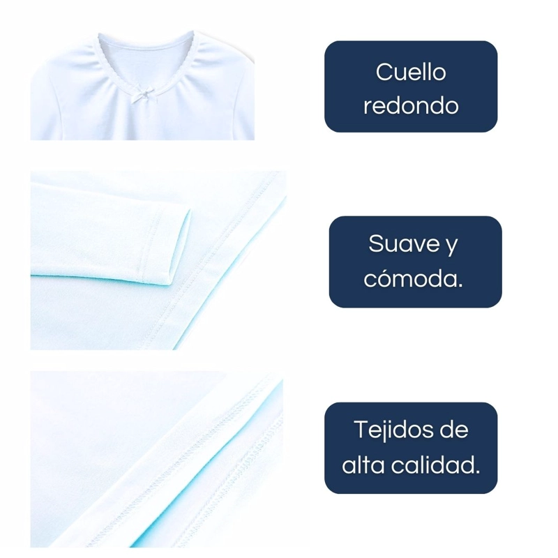 CAMISETA ALGODÓN MANGA LARGA POLERA NIÑA PRIMERA CAPA CUELLO REDONDO BLANCA - 5