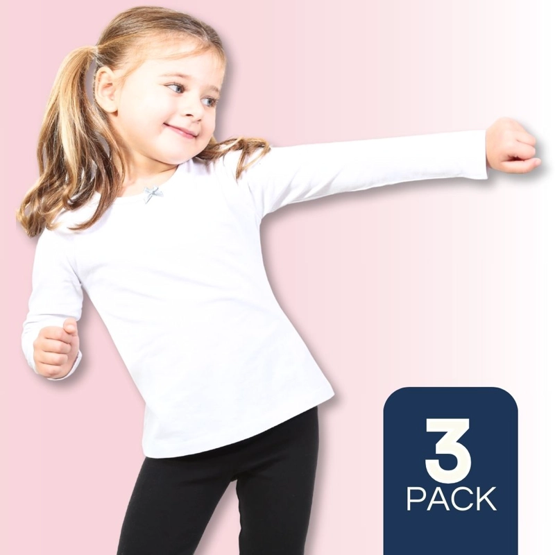 PACK 3 CAMISETAS ALGODÓN MANGA LARGA POLERA NIÑA PRIMERA CAPA CUELLO REDONDO BLANCA - 1