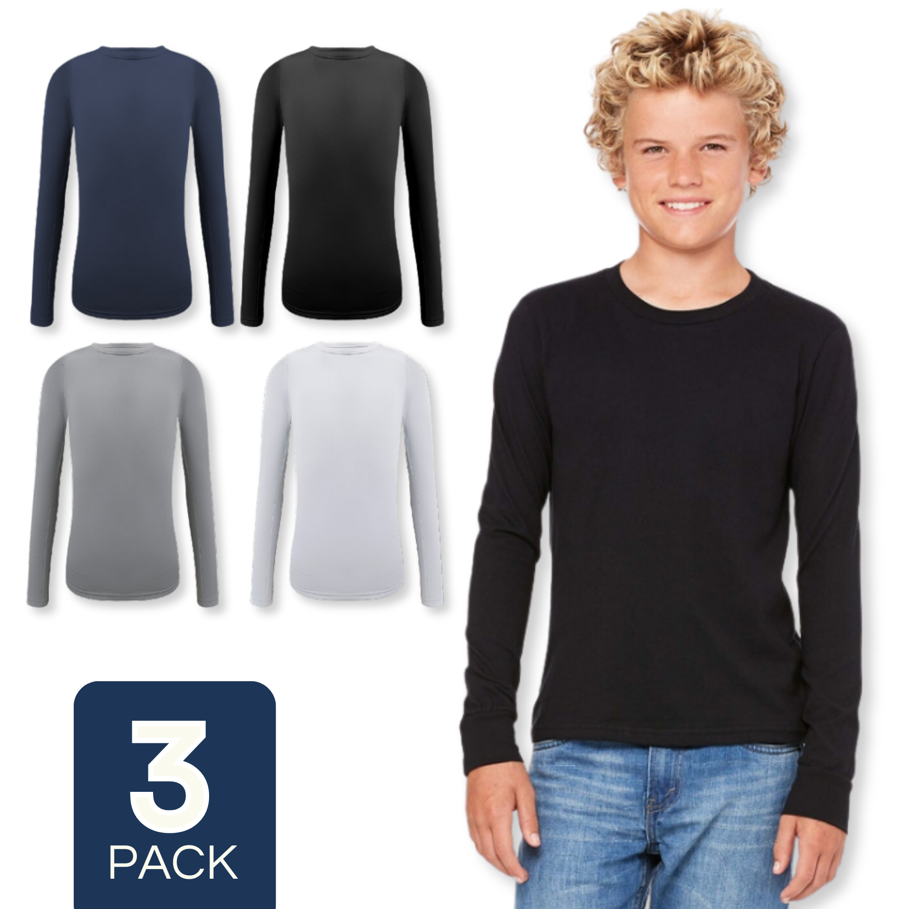 PACK 3 CAMISETAS POLERA POLAR NIÑO PRIMERA CAPA COLORES SURTIDOS - 1