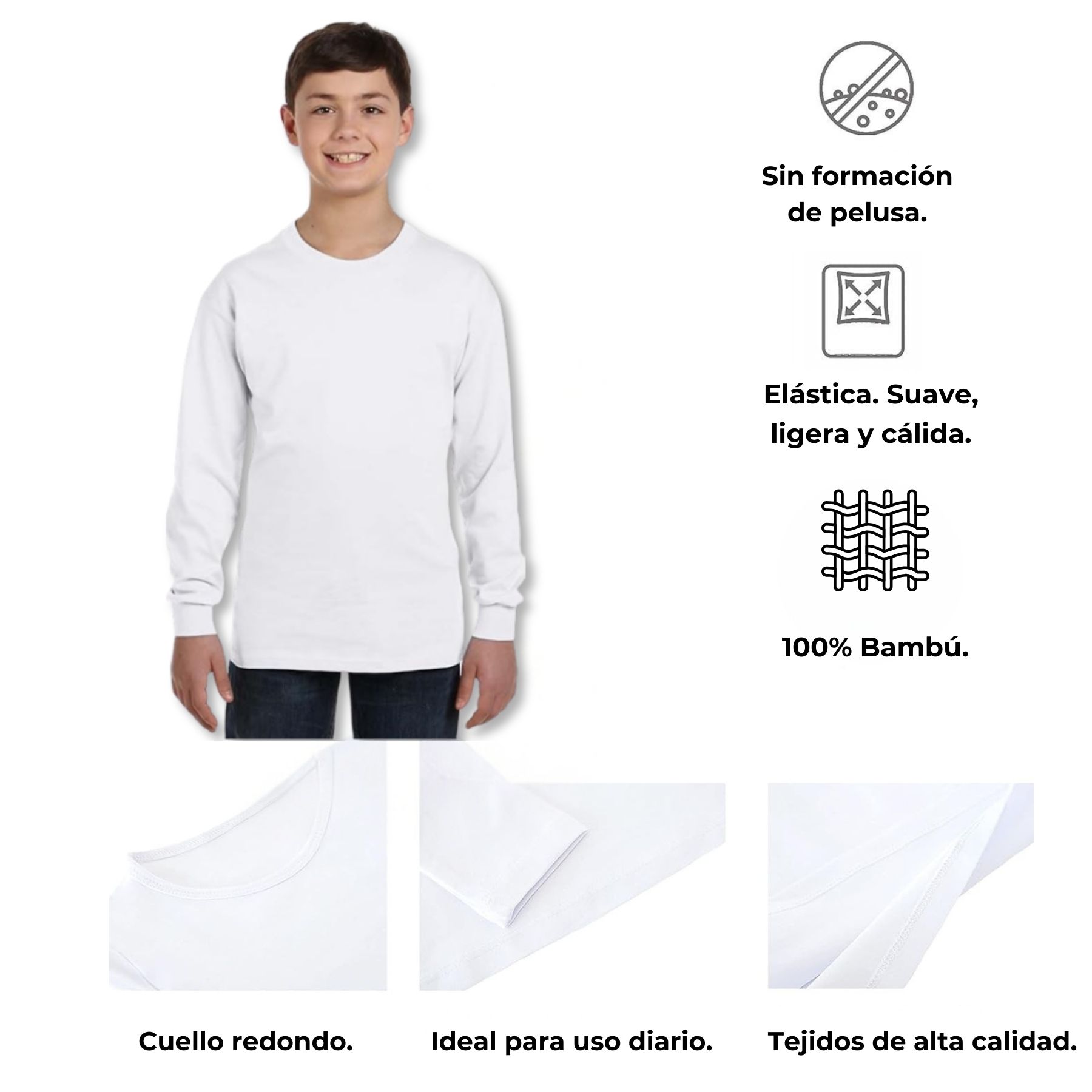 PACK 3 CAMISETAS BAMBÚ PRIMERA CAPA POLERA NIÑO CUELLO REDONDO SURTIDO - 7