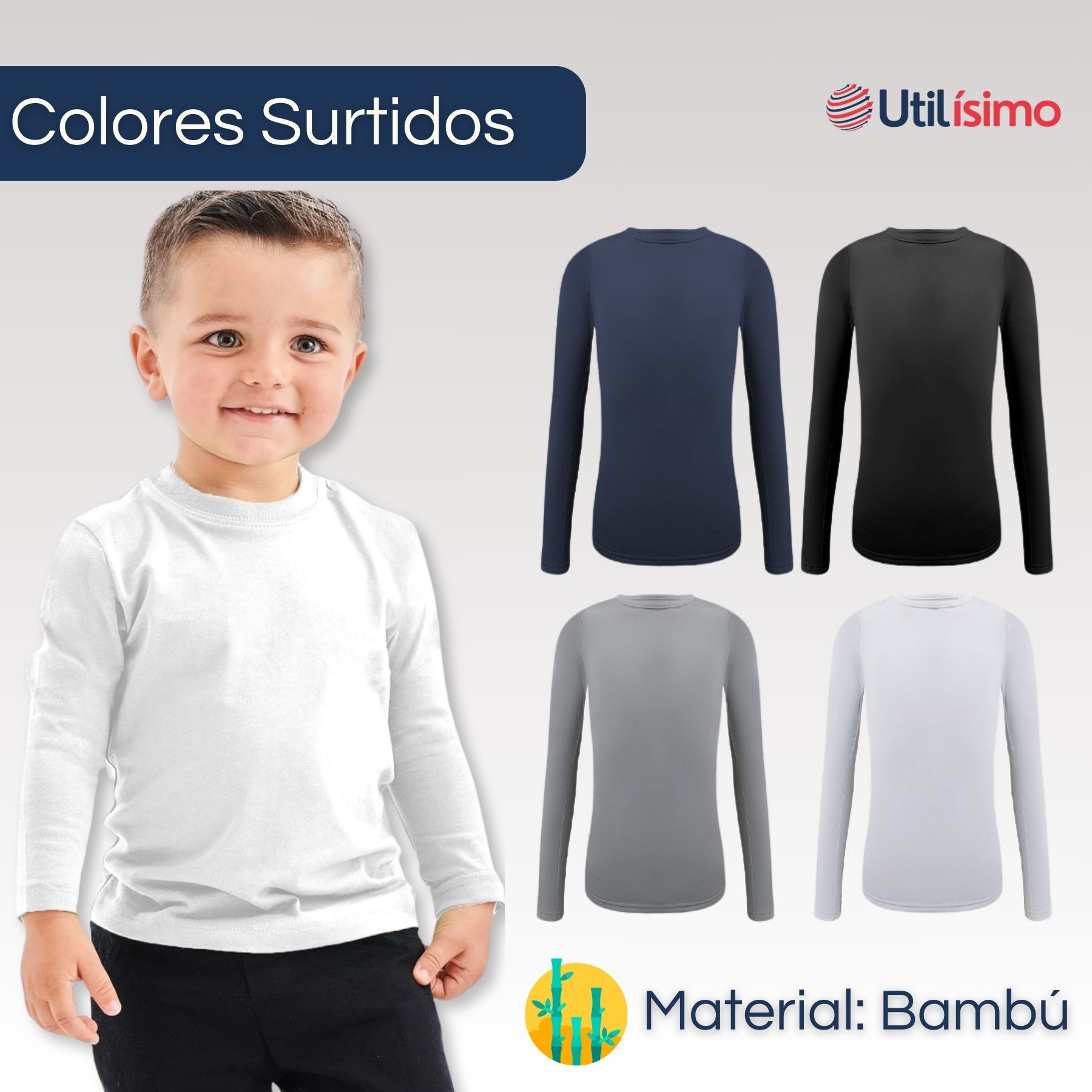 PACK 6 CAMISETAS BAMBÚ PRIMERA CAPA POLERA NIÑO CUELLO REDONDO SURTIDO - 2