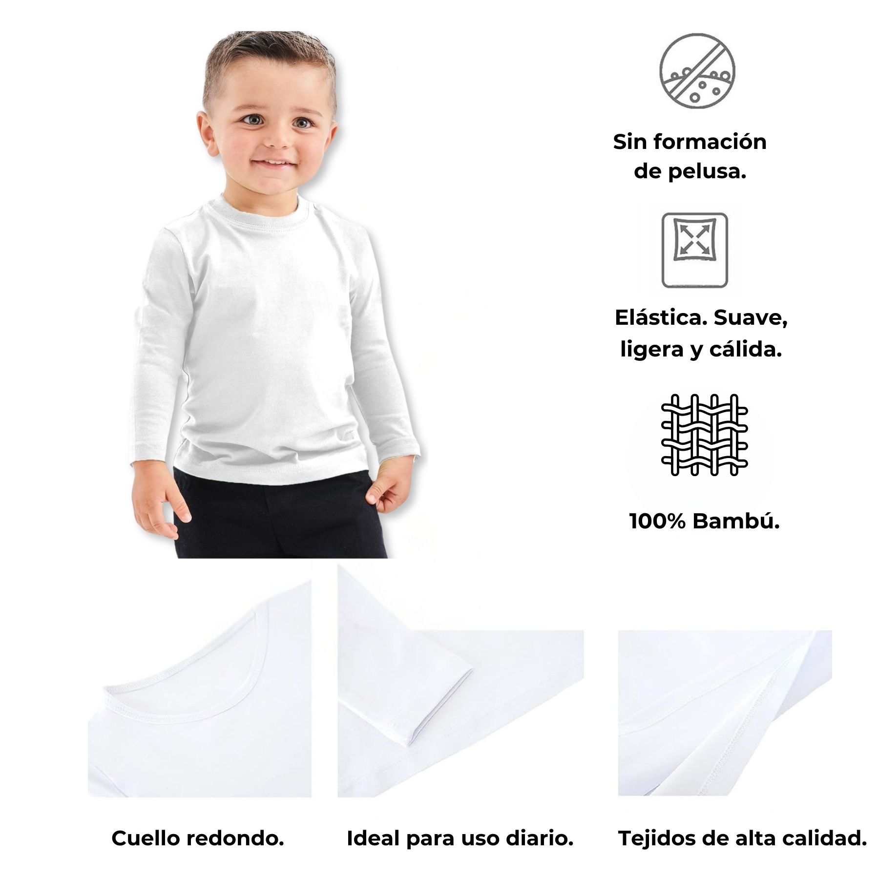PACK 6 CAMISETAS BAMBÚ PRIMERA CAPA POLERA NIÑO CUELLO REDONDO SURTIDO - 5
