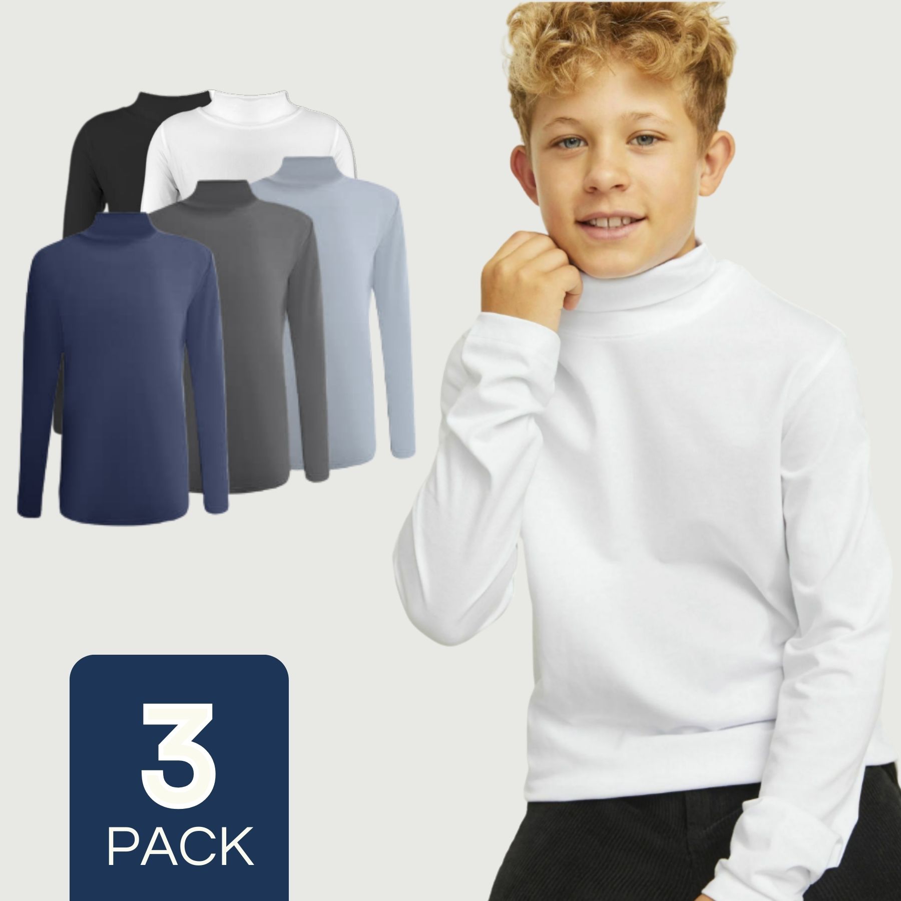 PACK 3 CAMISETAS POLERA BEATLE BAMBÚ PRIMERA CAPA NIÑO CUELLO ALTO - 1