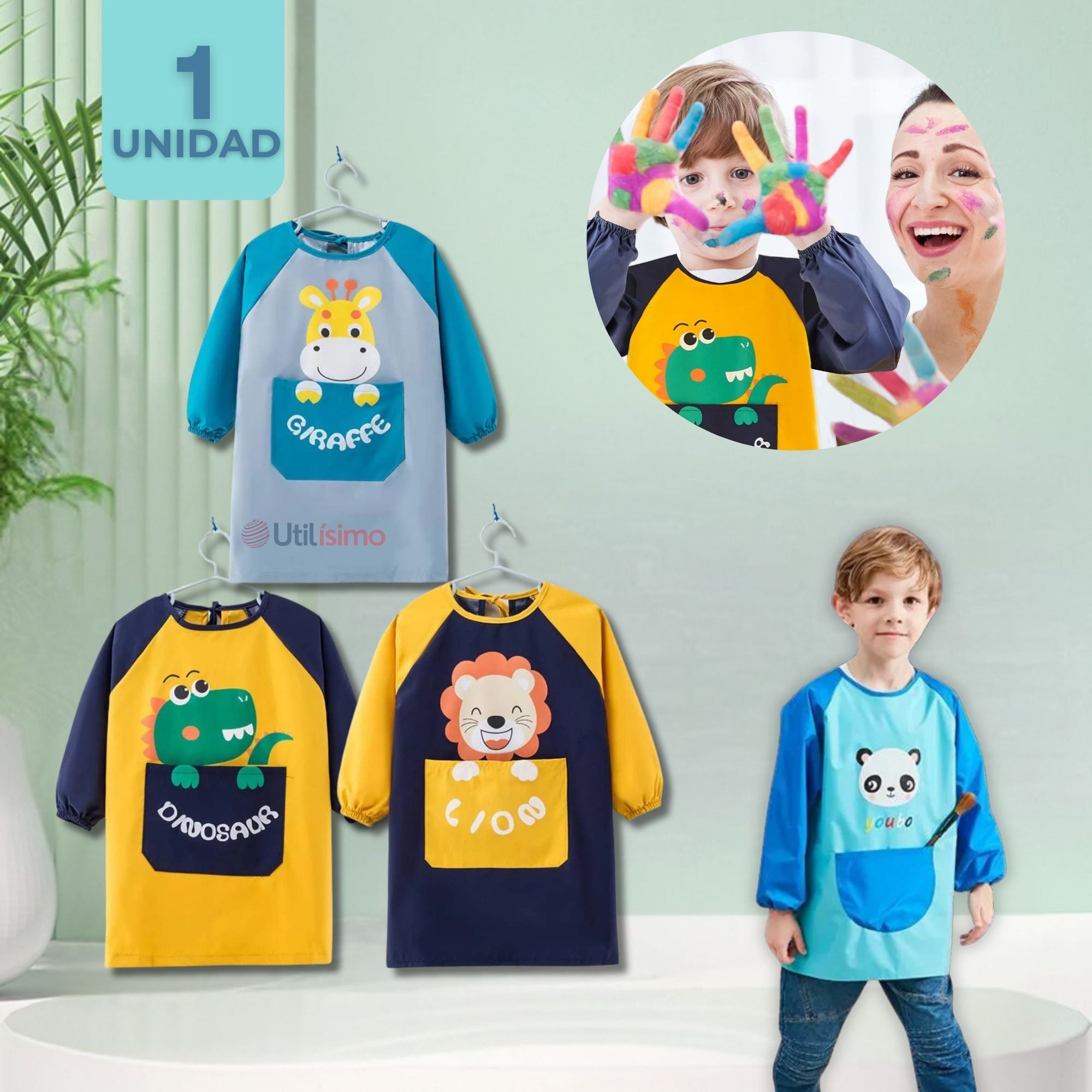 DELANTAL INFANTIL NIÑO MANGA LARGA CON BOLSILLO COLORES SURTIDOS - 1