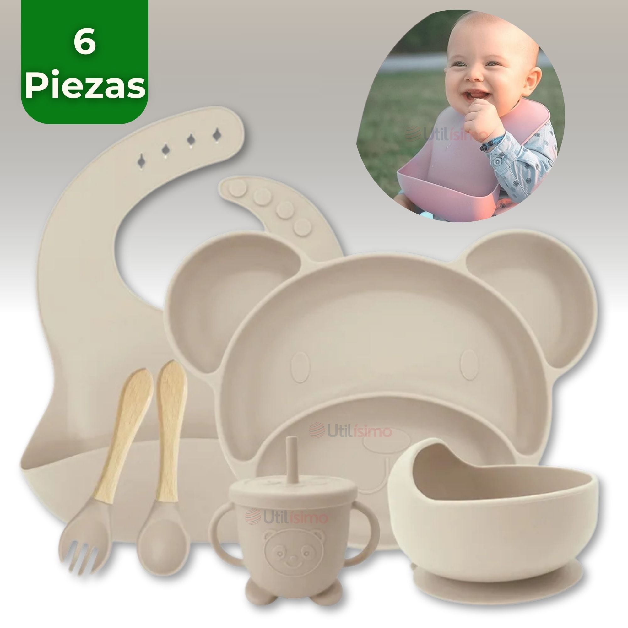 SET DE ALIMENTACIÓN BEBÉ SILICONA 6 PIEZAS LIBRE BPA COLOR BEIGE - 1