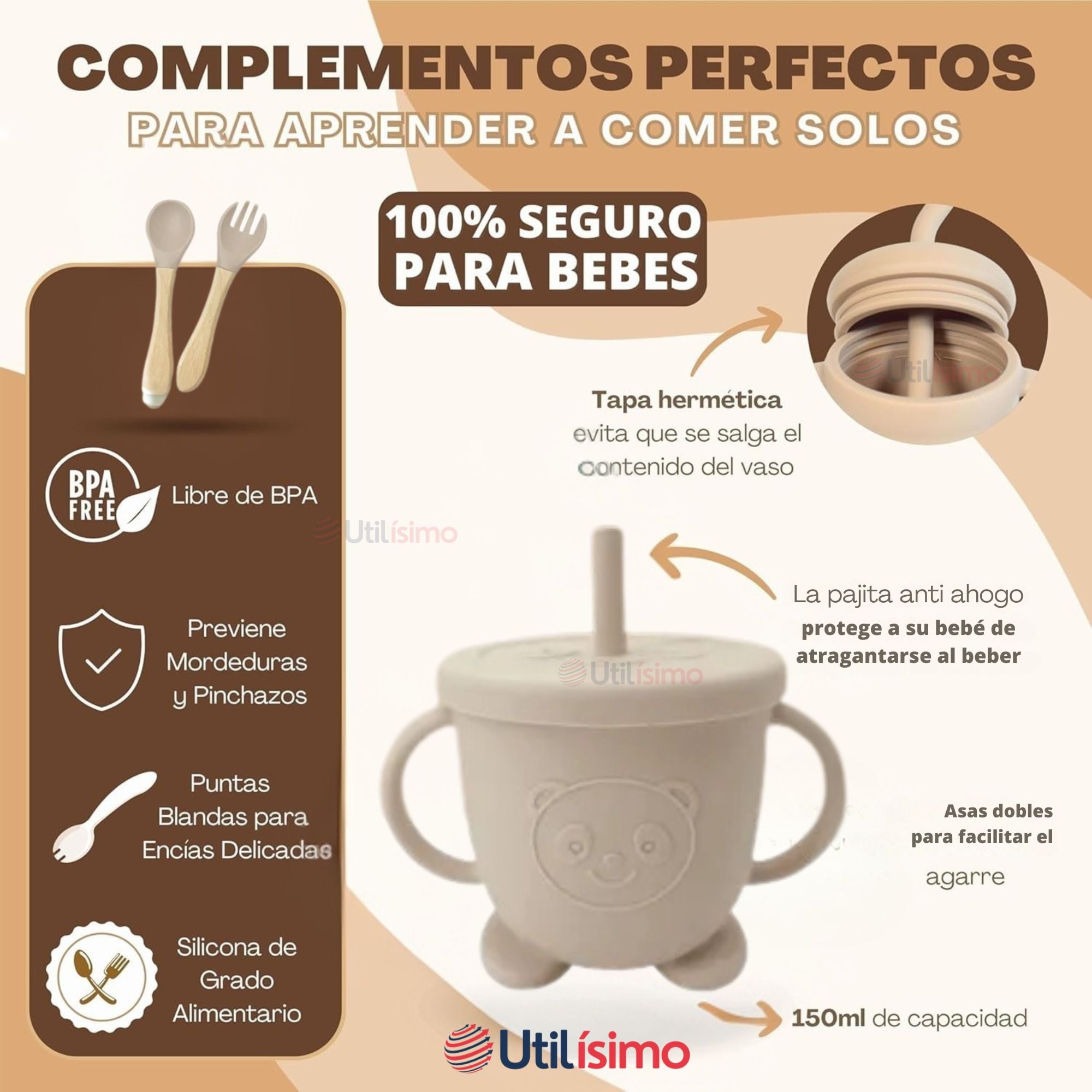 SET DE ALIMENTACIÓN BEBÉ SILICONA 6 PIEZAS LIBRE BPA COLOR BEIGE - 3