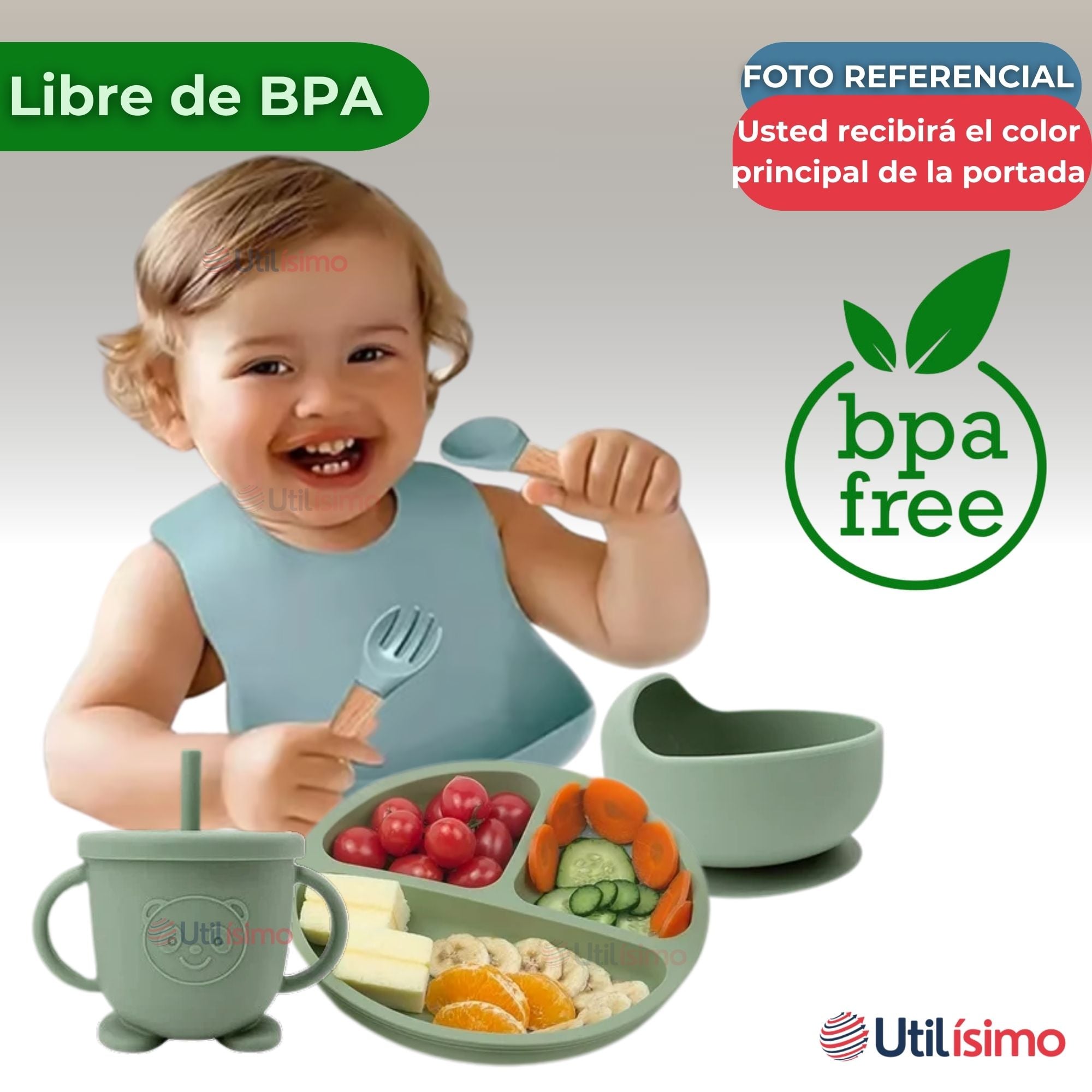 SET DE ALIMENTACIÓN BEBÉ SILICONA 6 PIEZAS LIBRE BPA COLOR BEIGE - 4