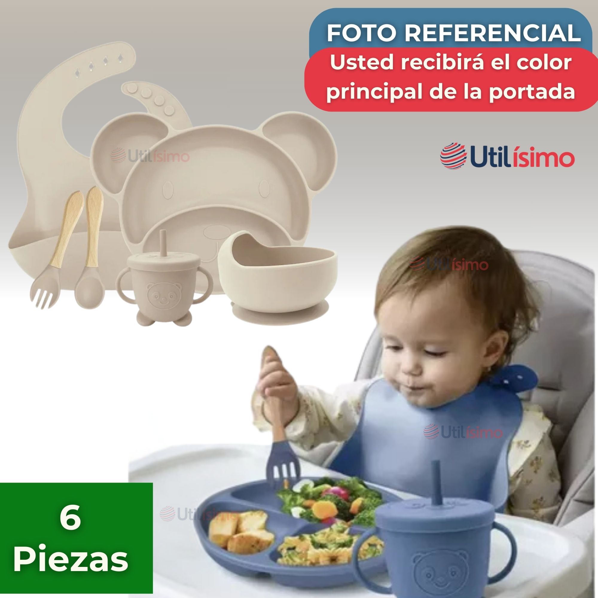 SET DE ALIMENTACIÓN BEBÉ SILICONA 6 PIEZAS LIBRE BPA COLOR BEIGE - 8