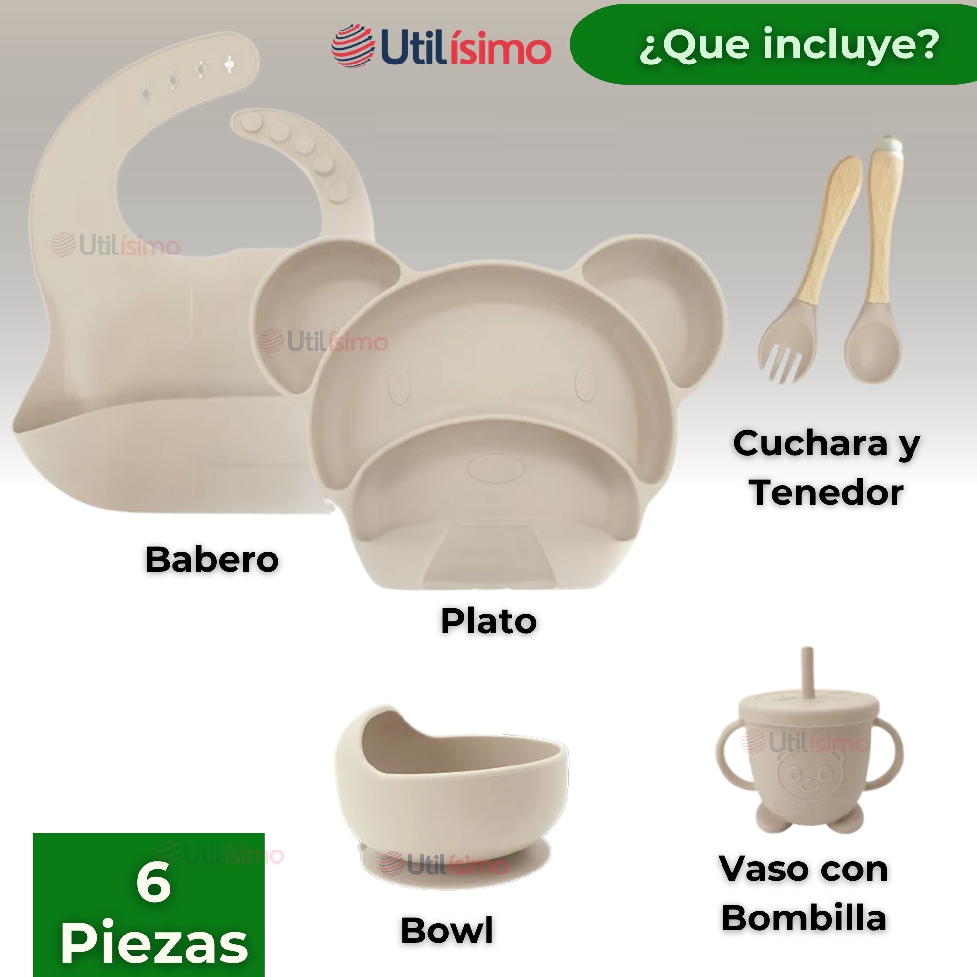 SET DE ALIMENTACIÓN BEBÉ SILICONA 6 PIEZAS LIBRE BPA COLOR BEIGE - 9