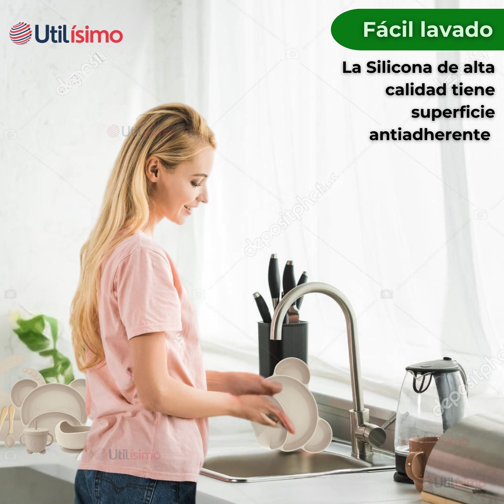 SET DE ALIMENTACIÓN BEBÉ SILICONA 6 PIEZAS LIBRE BPA COLOR BEIGE - 11