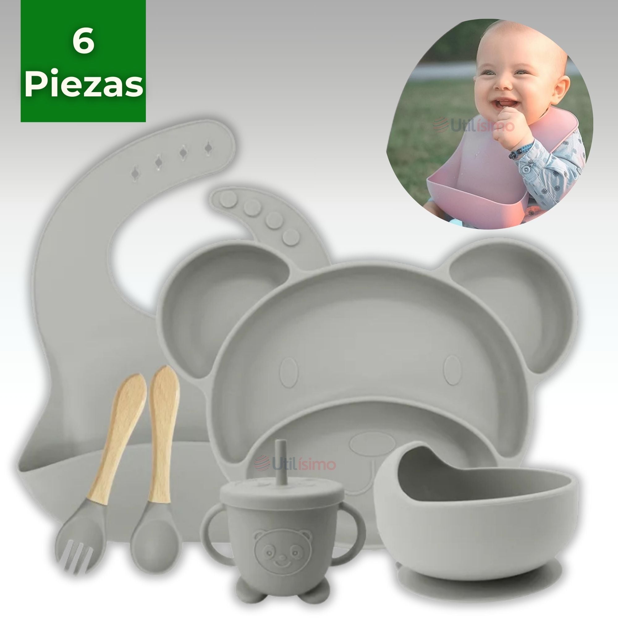 SET DE ALIMENTACIÓN BEBÉ SILICONA 6 PIEZAS LIBRE BPA COLOR GRIS - 1