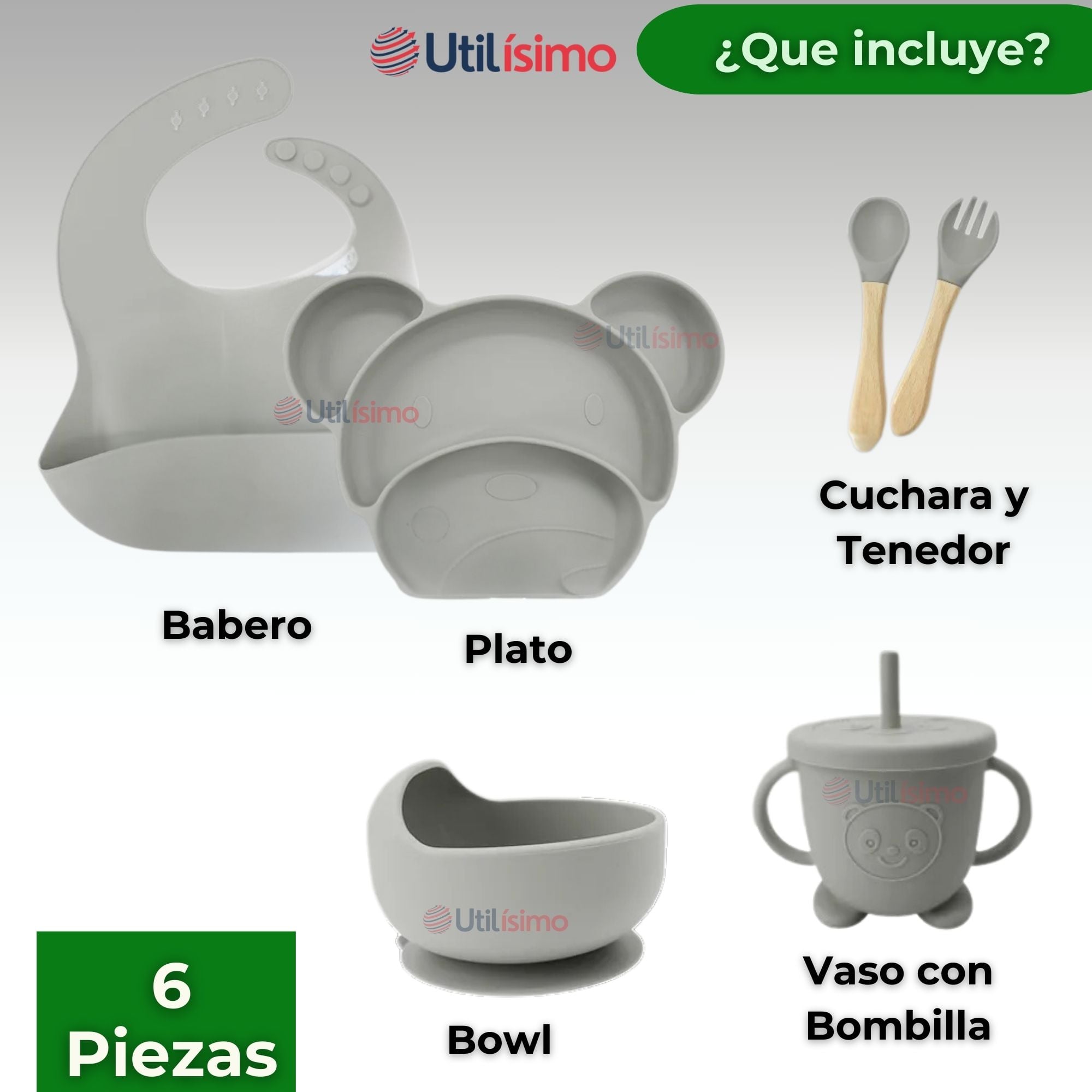SET DE ALIMENTACIÓN BEBÉ SILICONA 6 PIEZAS LIBRE BPA COLOR GRIS - 2