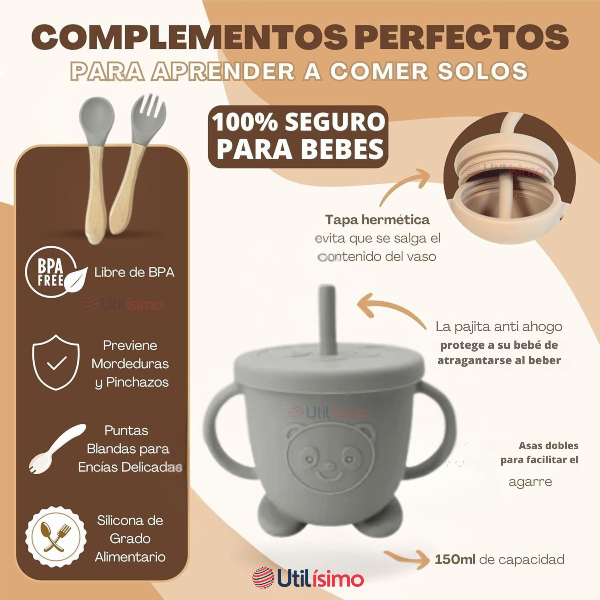 SET DE ALIMENTACIÓN BEBÉ SILICONA 6 PIEZAS LIBRE BPA COLOR GRIS - 3