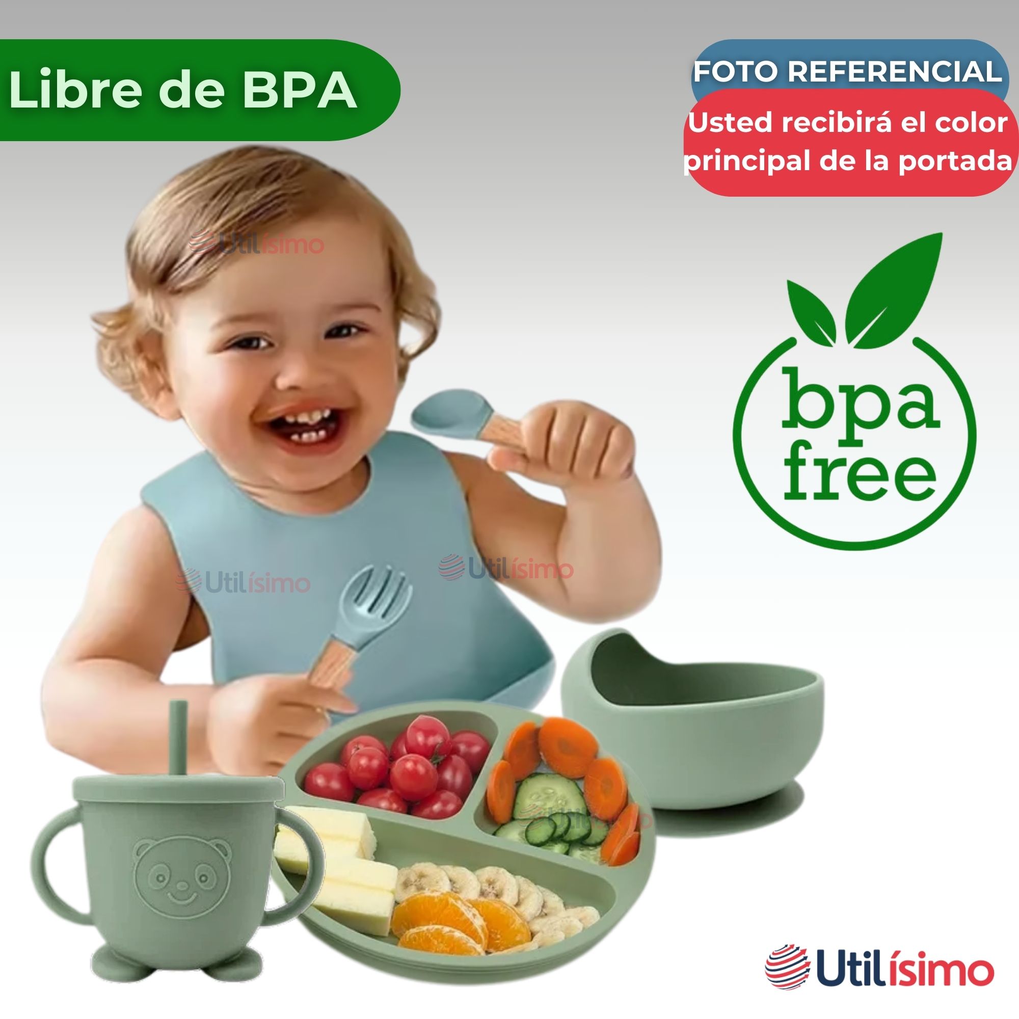 SET DE ALIMENTACIÓN BEBÉ SILICONA 6 PIEZAS LIBRE BPA COLOR GRIS - 4