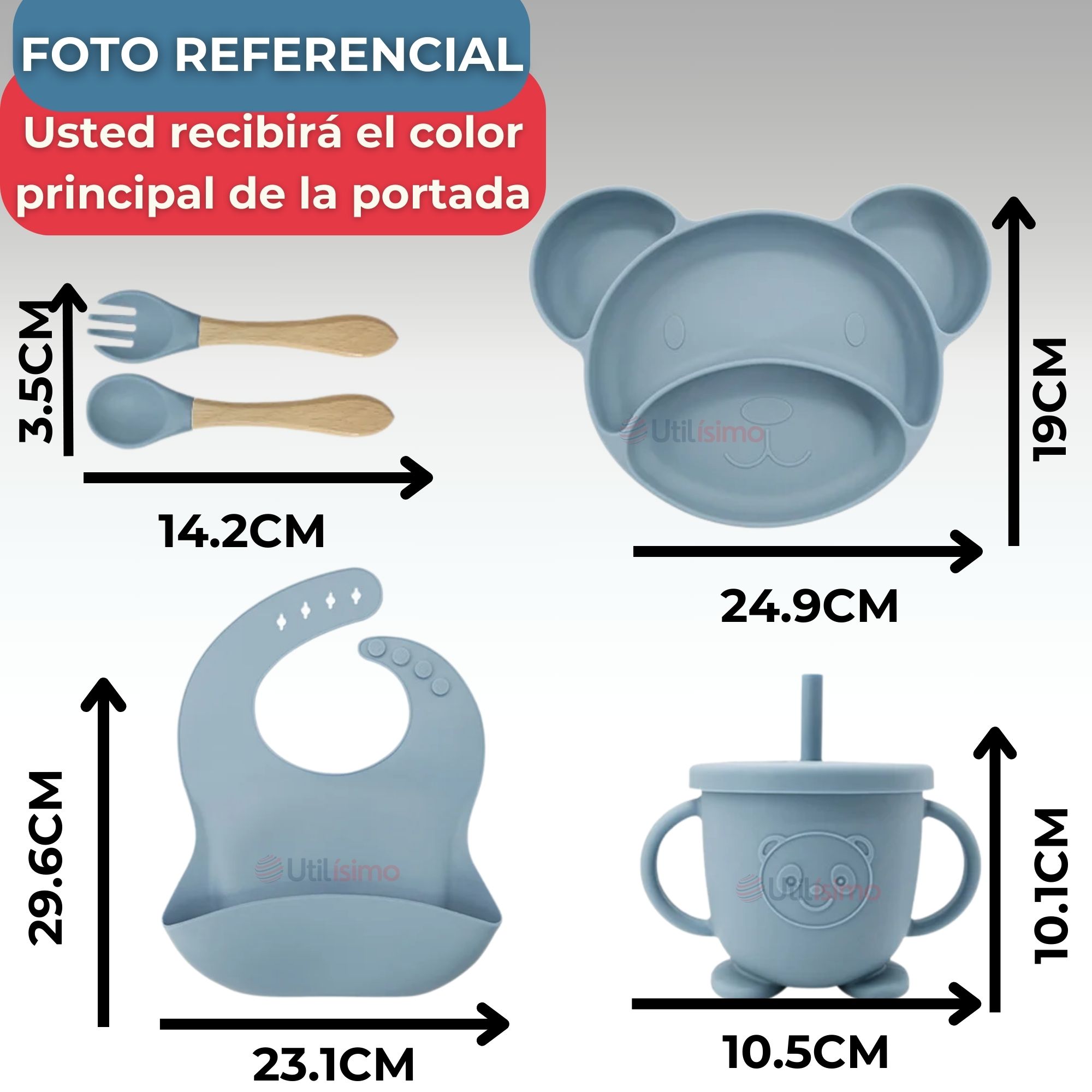 SET DE ALIMENTACIÓN BEBÉ SILICONA 6 PIEZAS LIBRE BPA COLOR GRIS - 5