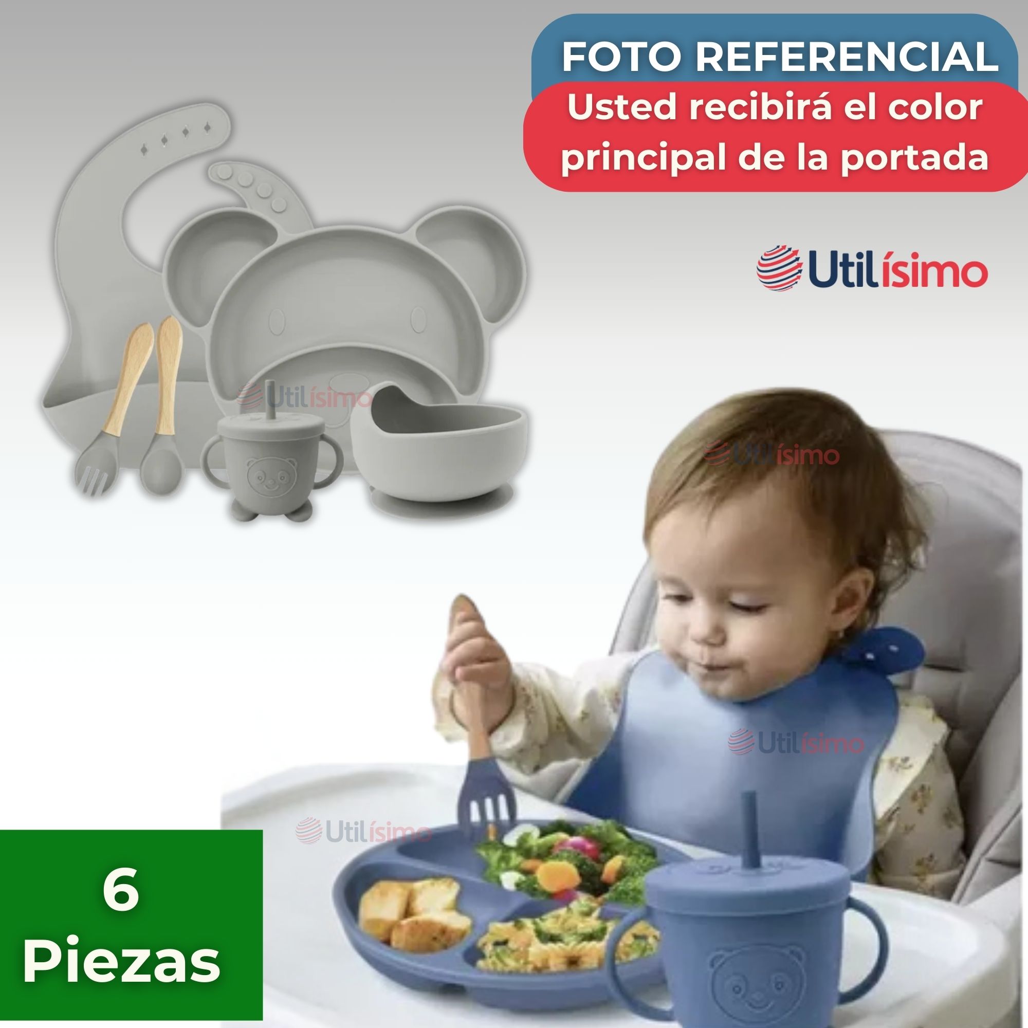 SET DE ALIMENTACIÓN BEBÉ SILICONA 6 PIEZAS LIBRE BPA COLOR GRIS - 8