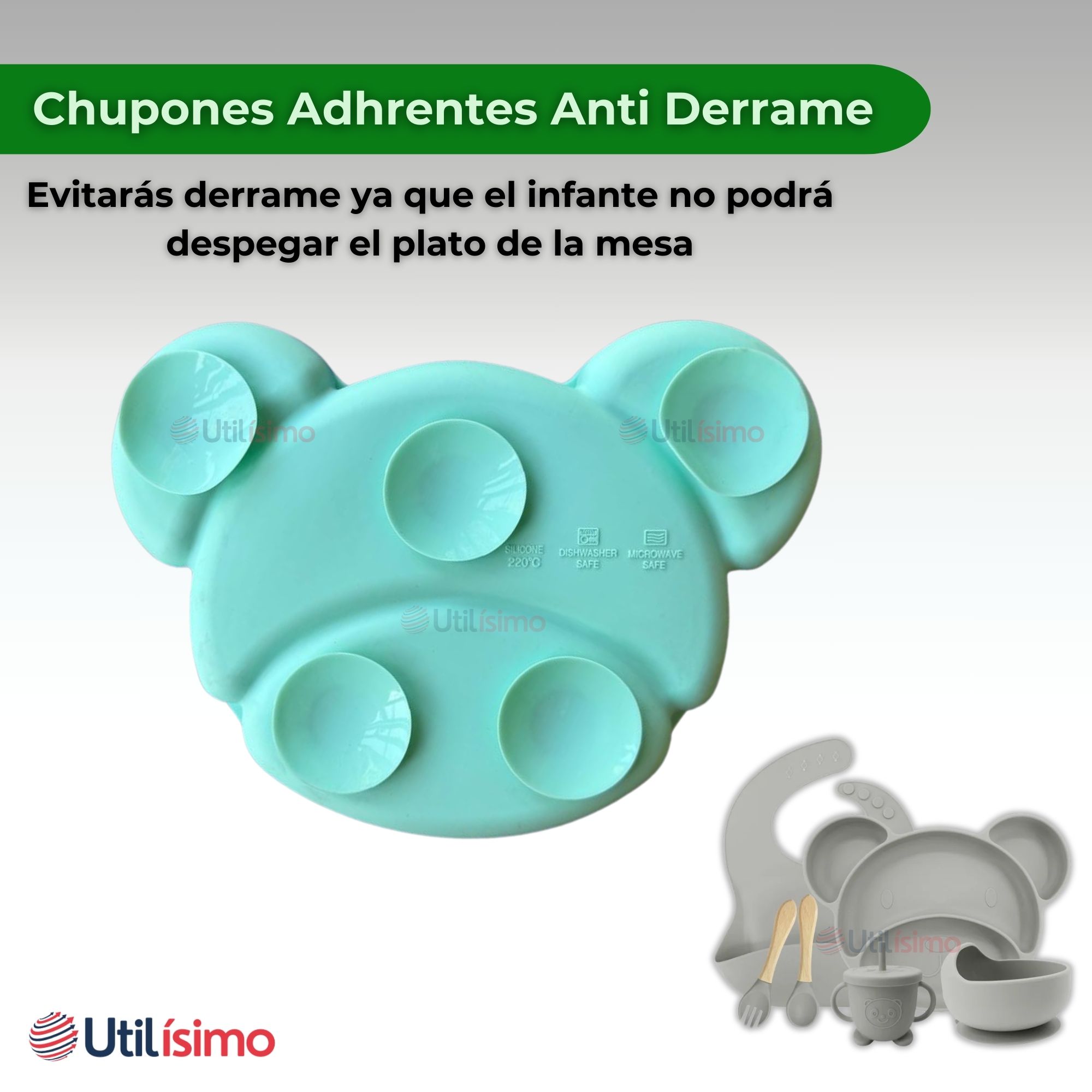 SET DE ALIMENTACIÓN BEBÉ SILICONA 6 PIEZAS LIBRE BPA COLOR GRIS - 9