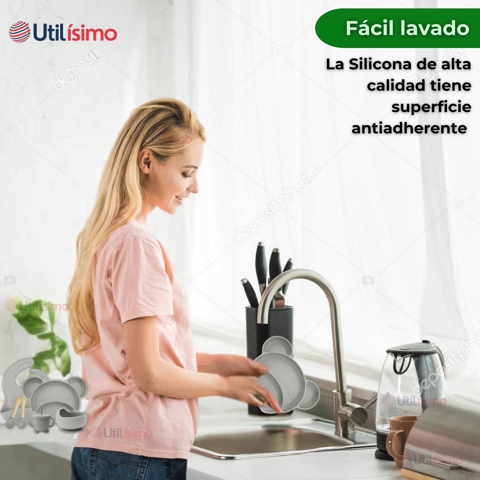 SET DE ALIMENTACIÓN BEBÉ SILICONA 6 PIEZAS LIBRE BPA COLOR GRIS - 10