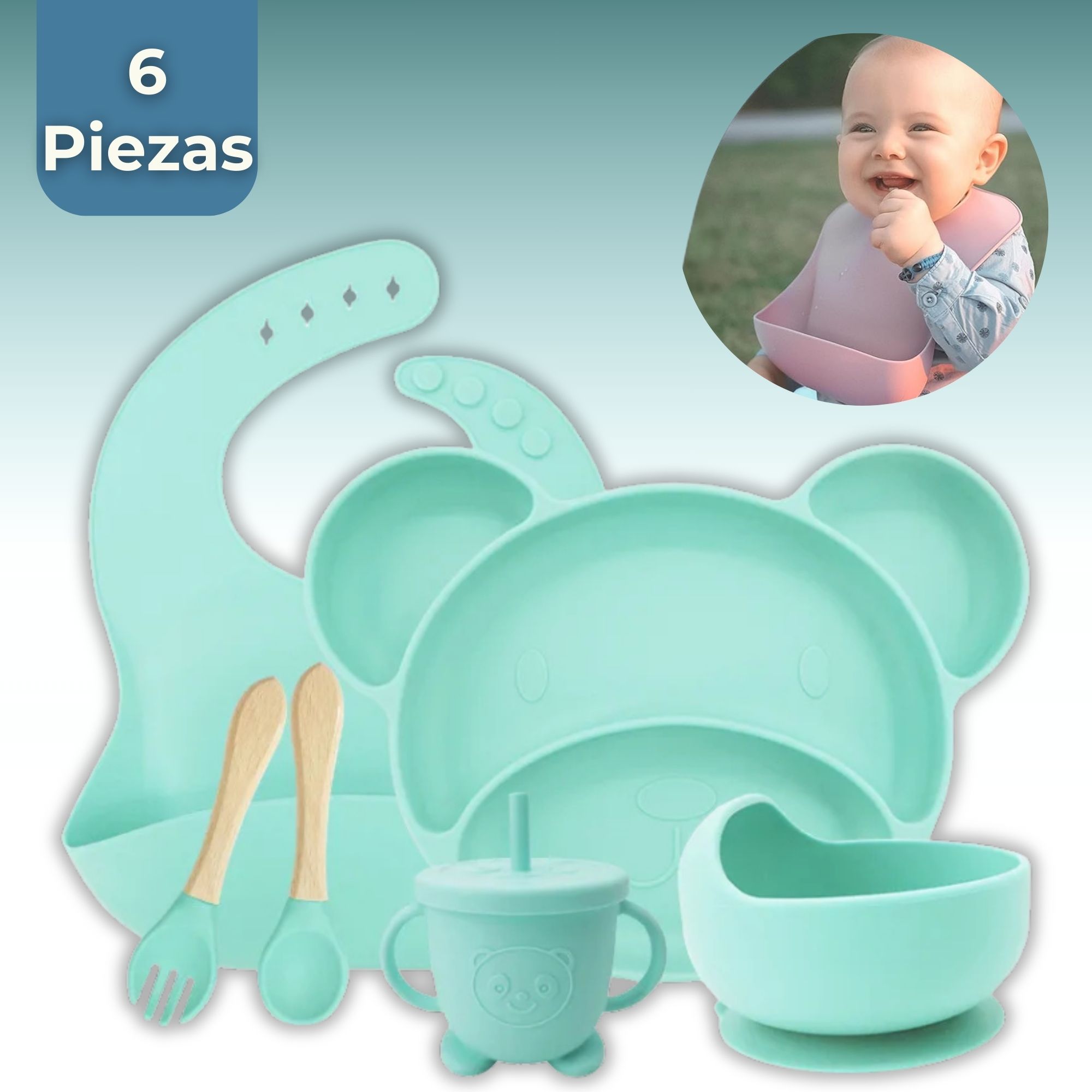 SET DE ALIMENTACIÓN BEBÉ SILICONA 6 PIEZAS LIBRE BPA COLOR TURQUESA - 1
