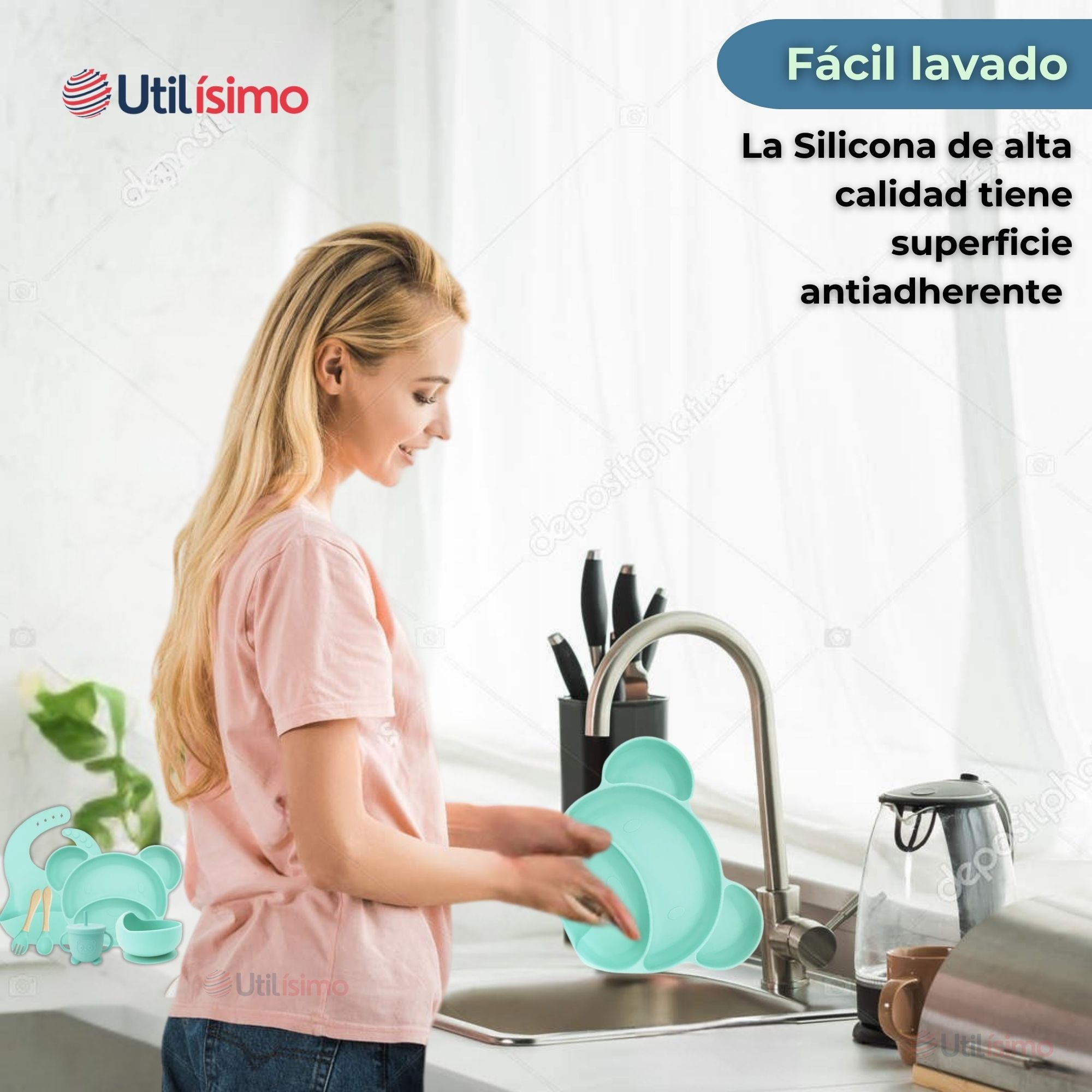 SET DE ALIMENTACIÓN BEBÉ SILICONA 6 PIEZAS LIBRE BPA COLOR TURQUESA - 2