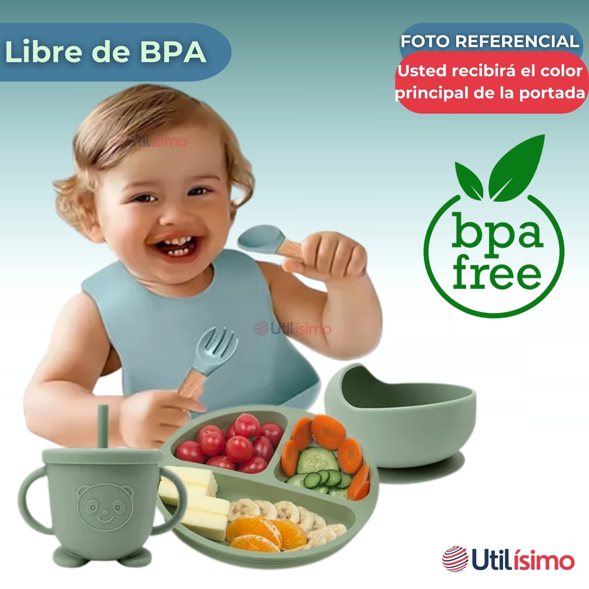 SET DE ALIMENTACIÓN BEBÉ SILICONA 6 PIEZAS LIBRE BPA COLOR TURQUESA - 4
