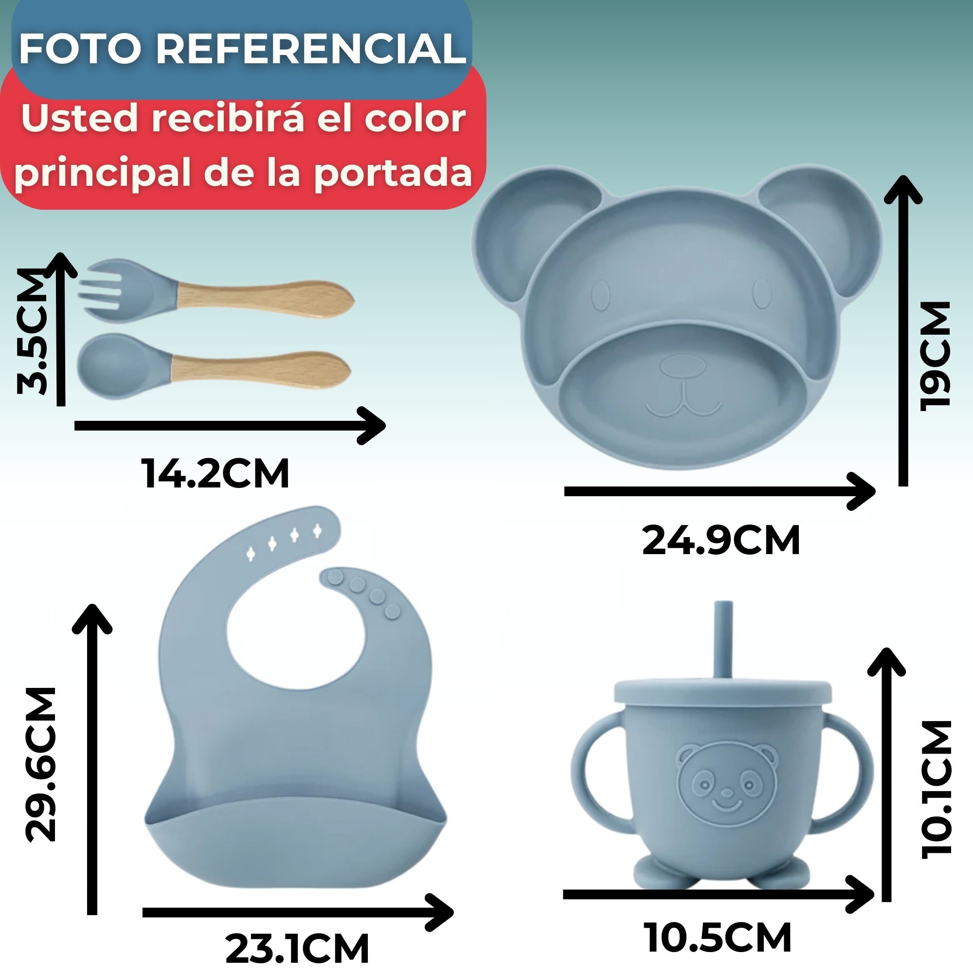 SET DE ALIMENTACIÓN BEBÉ SILICONA 6 PIEZAS LIBRE BPA COLOR TURQUESA - 5