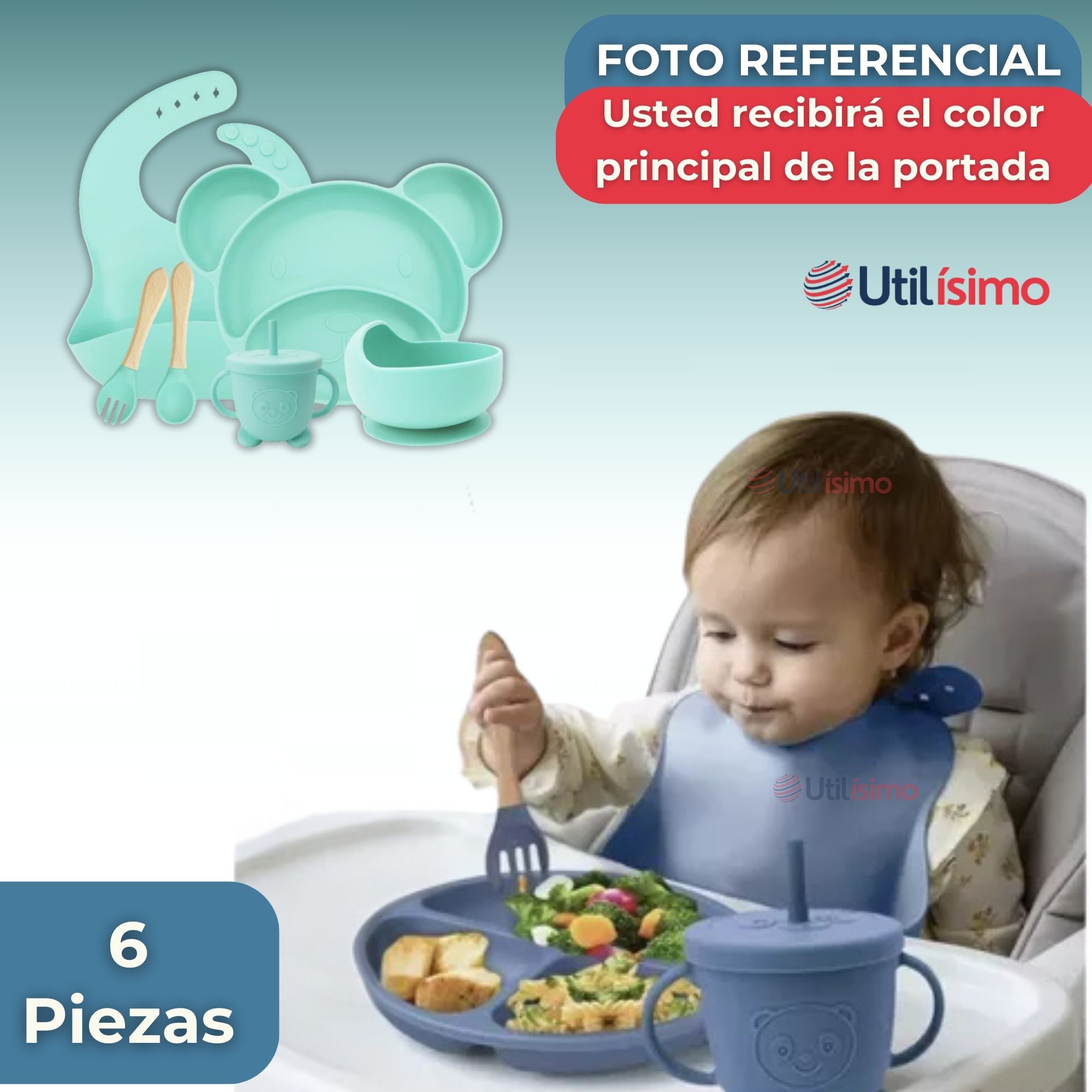 SET DE ALIMENTACIÓN BEBÉ SILICONA 6 PIEZAS LIBRE BPA COLOR TURQUESA - 8