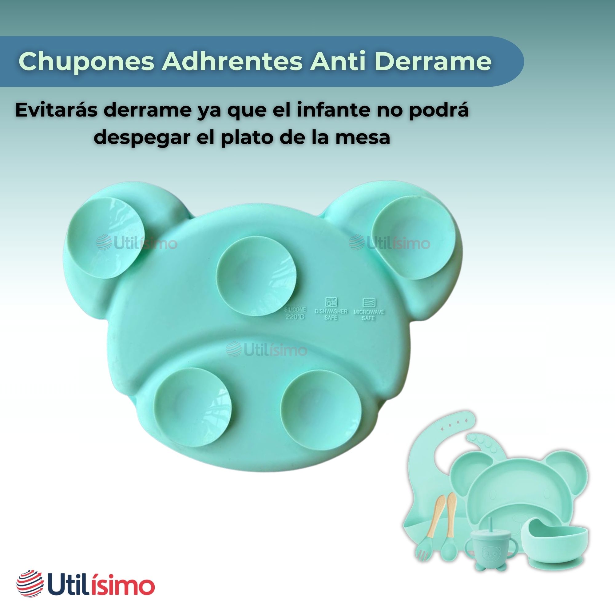 SET DE ALIMENTACIÓN BEBÉ SILICONA 6 PIEZAS LIBRE BPA COLOR TURQUESA - 9