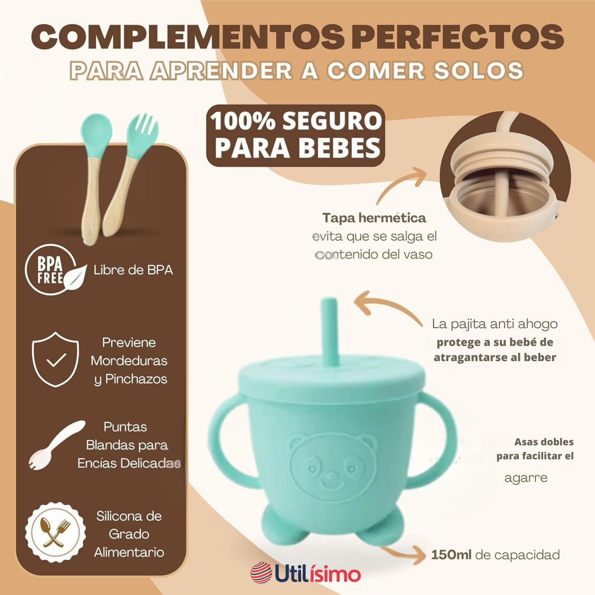 SET DE ALIMENTACIÓN BEBÉ SILICONA 6 PIEZAS LIBRE BPA COLOR TURQUESA - 10
