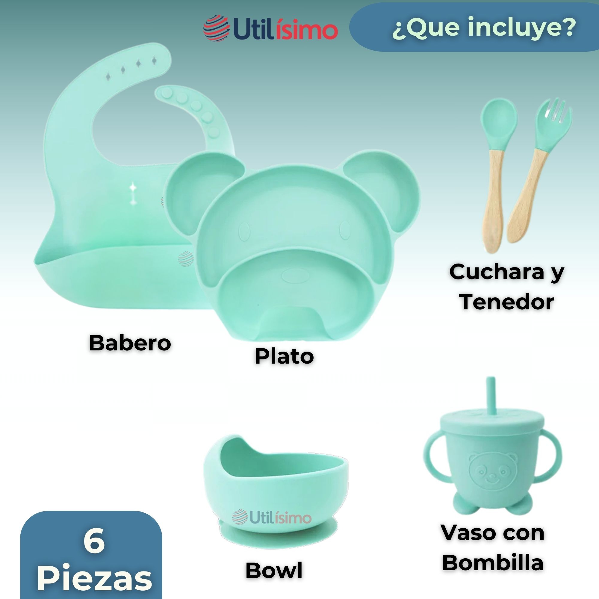 SET DE ALIMENTACIÓN BEBÉ SILICONA 6 PIEZAS LIBRE BPA COLOR TURQUESA - 11