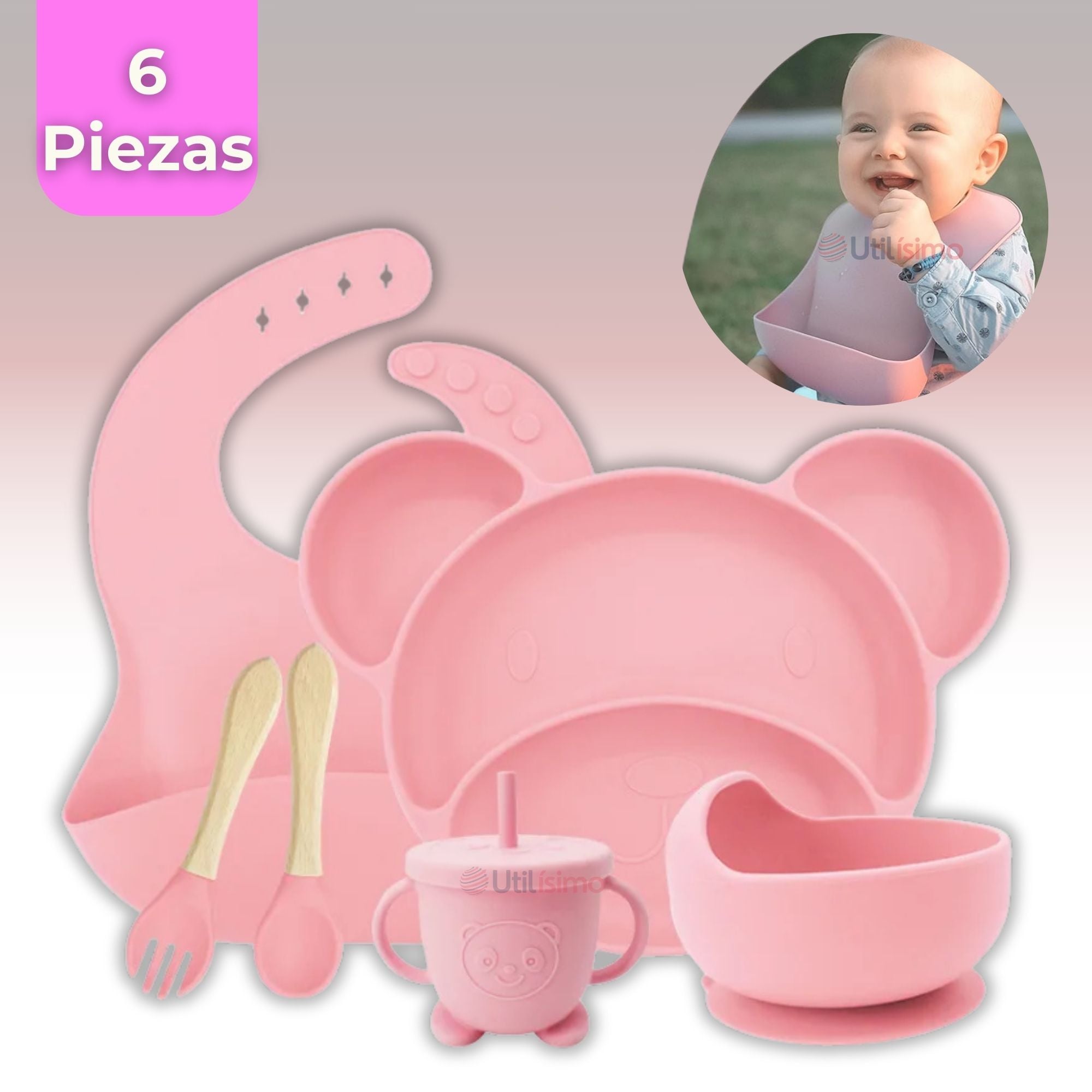 SET DE ALIMENTACIÓN BEBÉ SILICONA 6 PIEZAS LIBRE BPA COLOR ROSA CLARO - 1