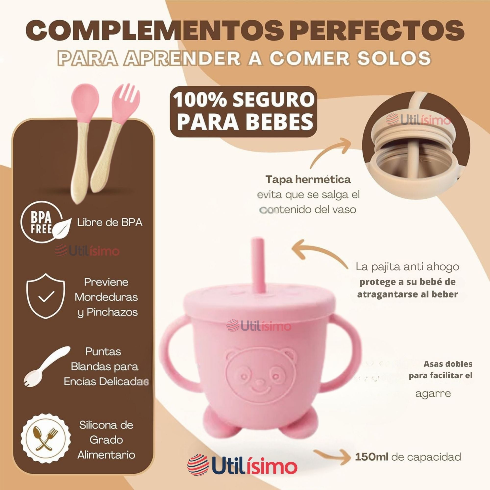 SET DE ALIMENTACIÓN BEBÉ SILICONA 6 PIEZAS LIBRE BPA COLOR ROSA CLARO - 2