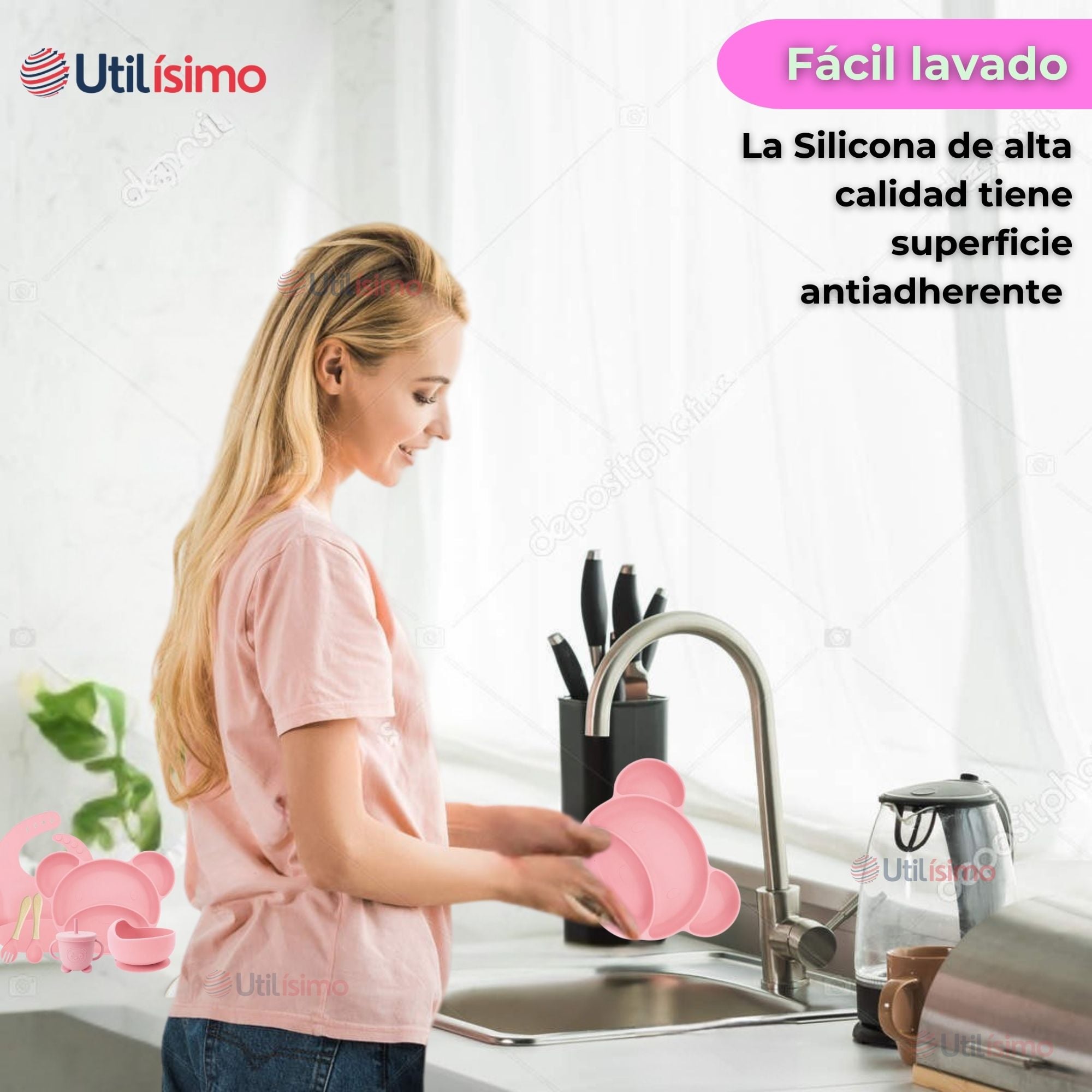 SET DE ALIMENTACIÓN BEBÉ SILICONA 6 PIEZAS LIBRE BPA COLOR ROSA CLARO - 3