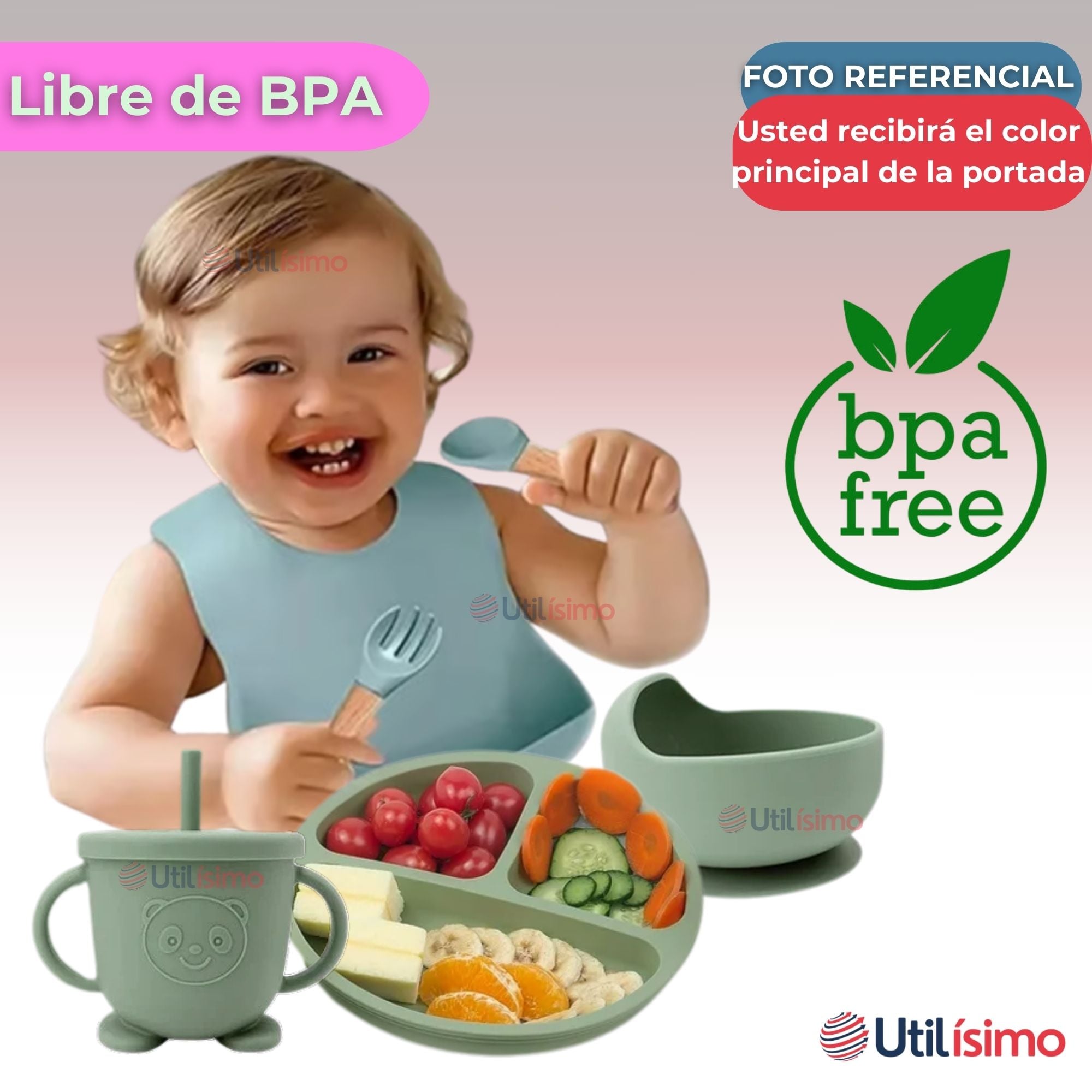 SET DE ALIMENTACIÓN BEBÉ SILICONA 6 PIEZAS LIBRE BPA COLOR ROSA CLARO - 4