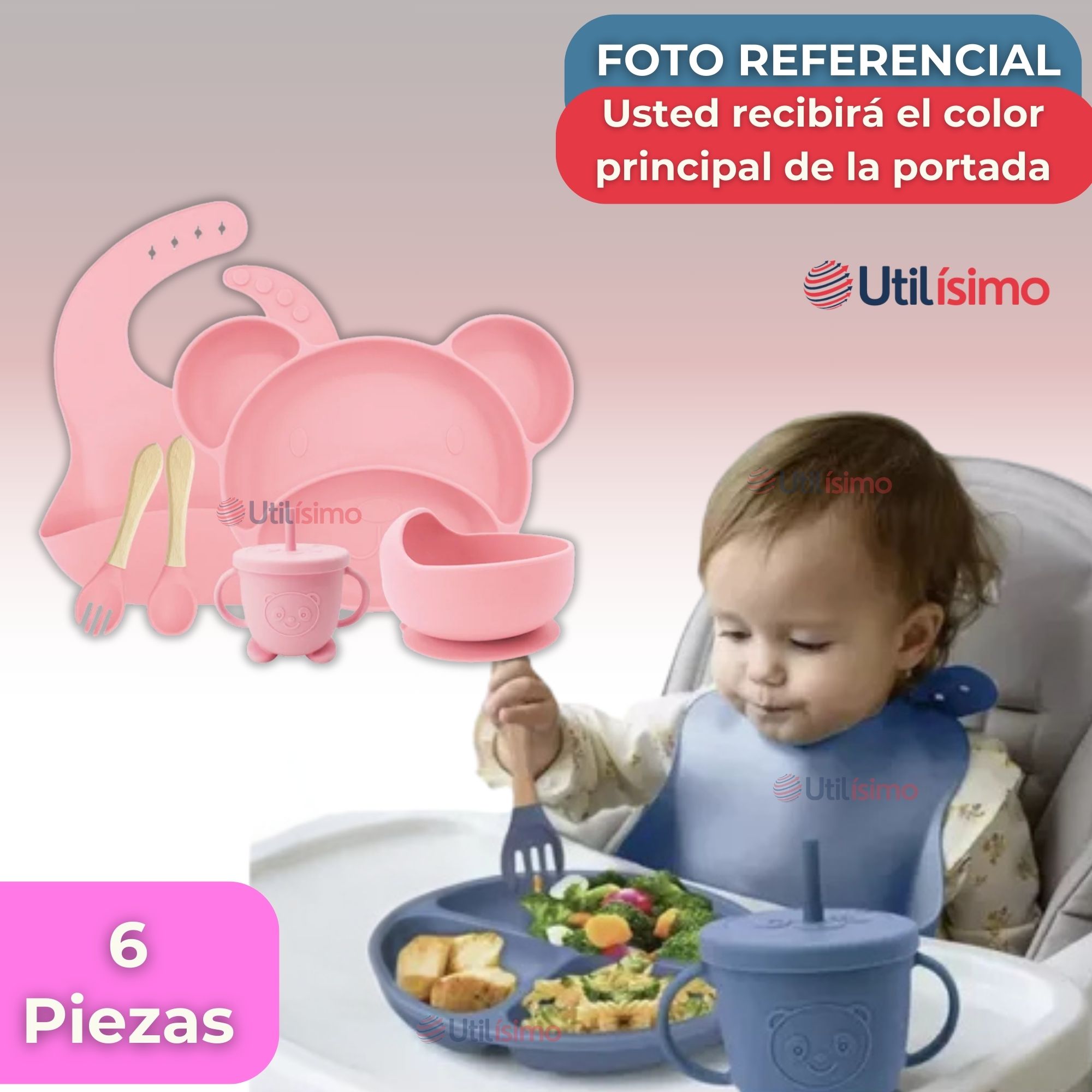 SET DE ALIMENTACIÓN BEBÉ SILICONA 6 PIEZAS LIBRE BPA COLOR ROSA CLARO - 8