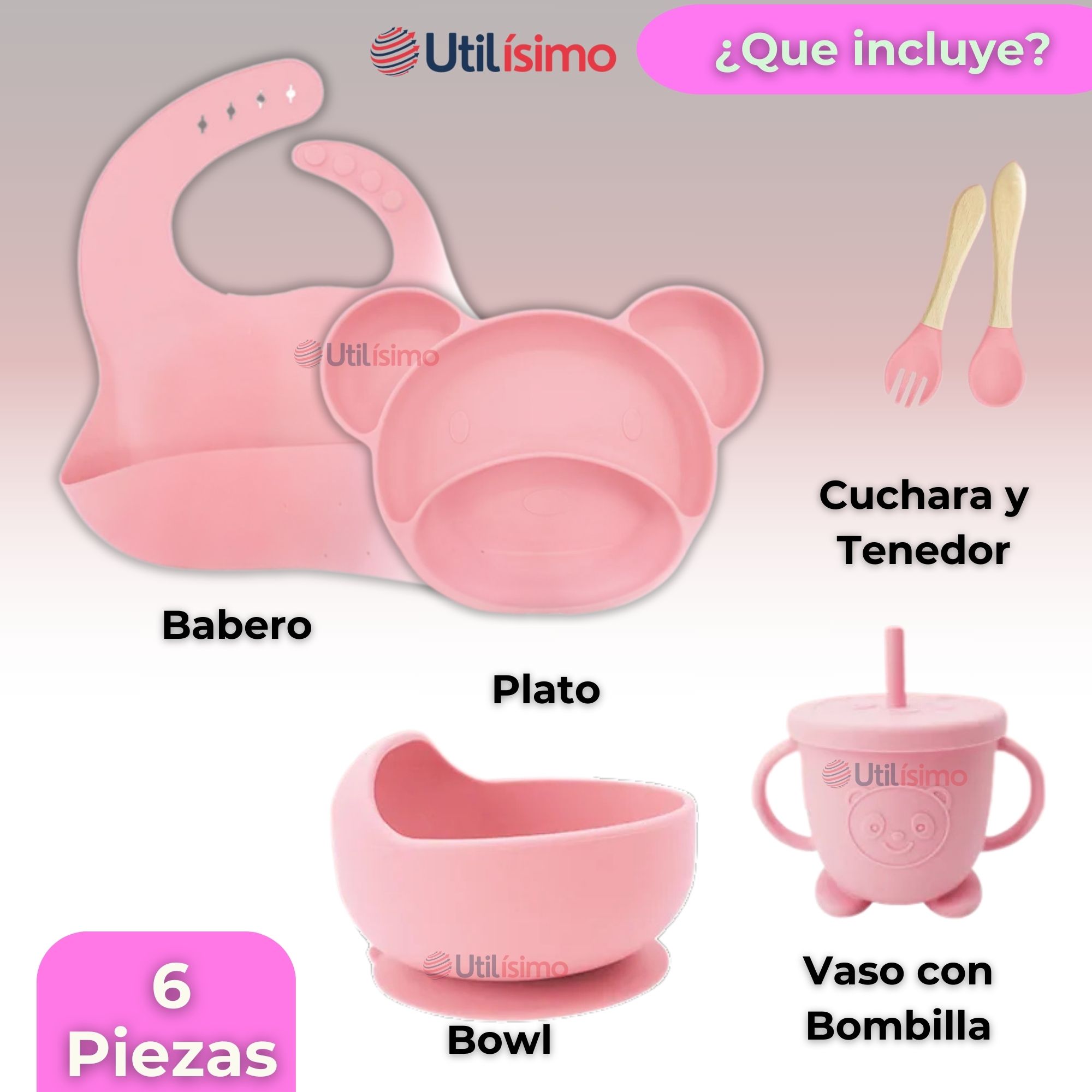 SET DE ALIMENTACIÓN BEBÉ SILICONA 6 PIEZAS LIBRE BPA COLOR ROSA CLARO - 9
