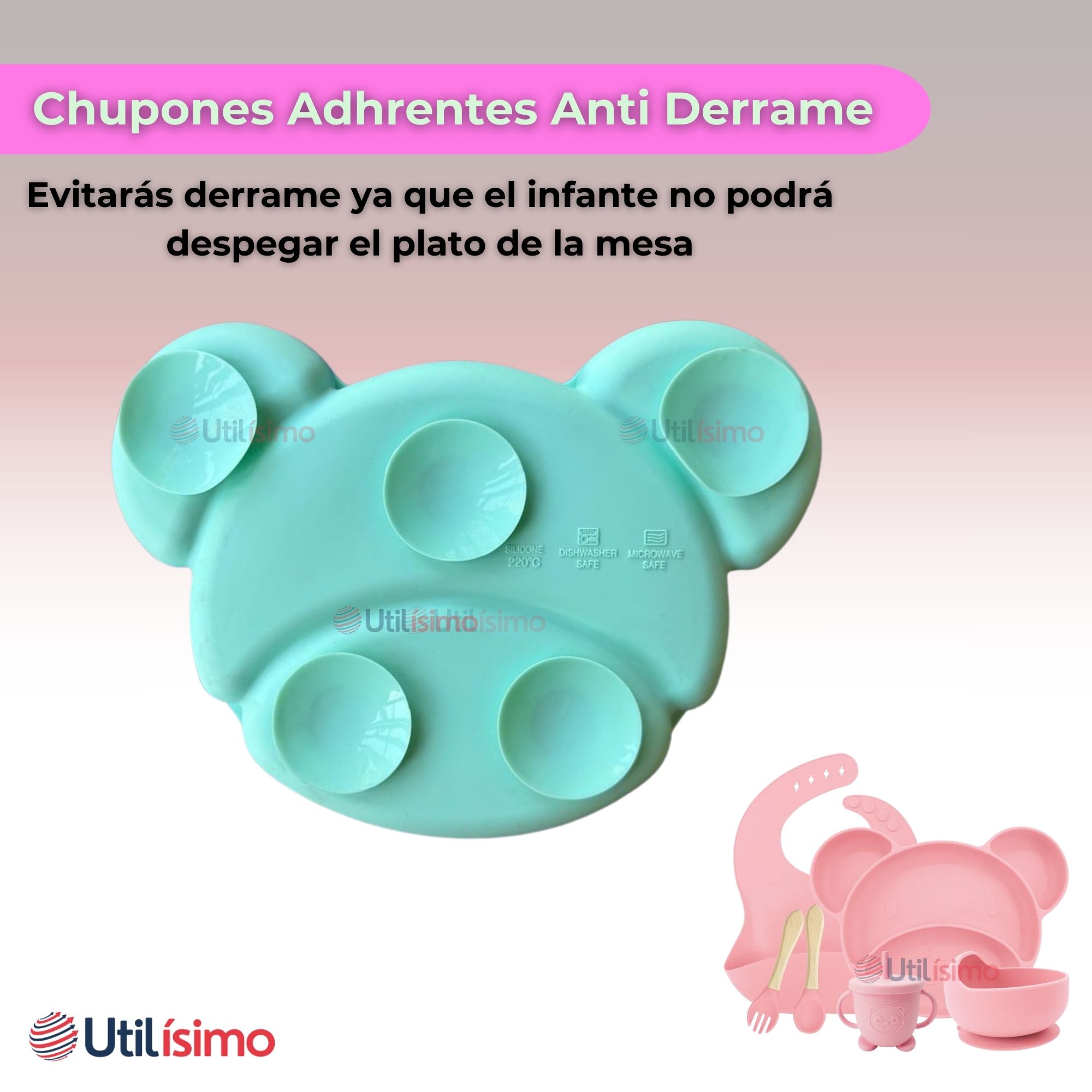 SET DE ALIMENTACIÓN BEBÉ SILICONA 6 PIEZAS LIBRE BPA COLOR ROSA CLARO - 11