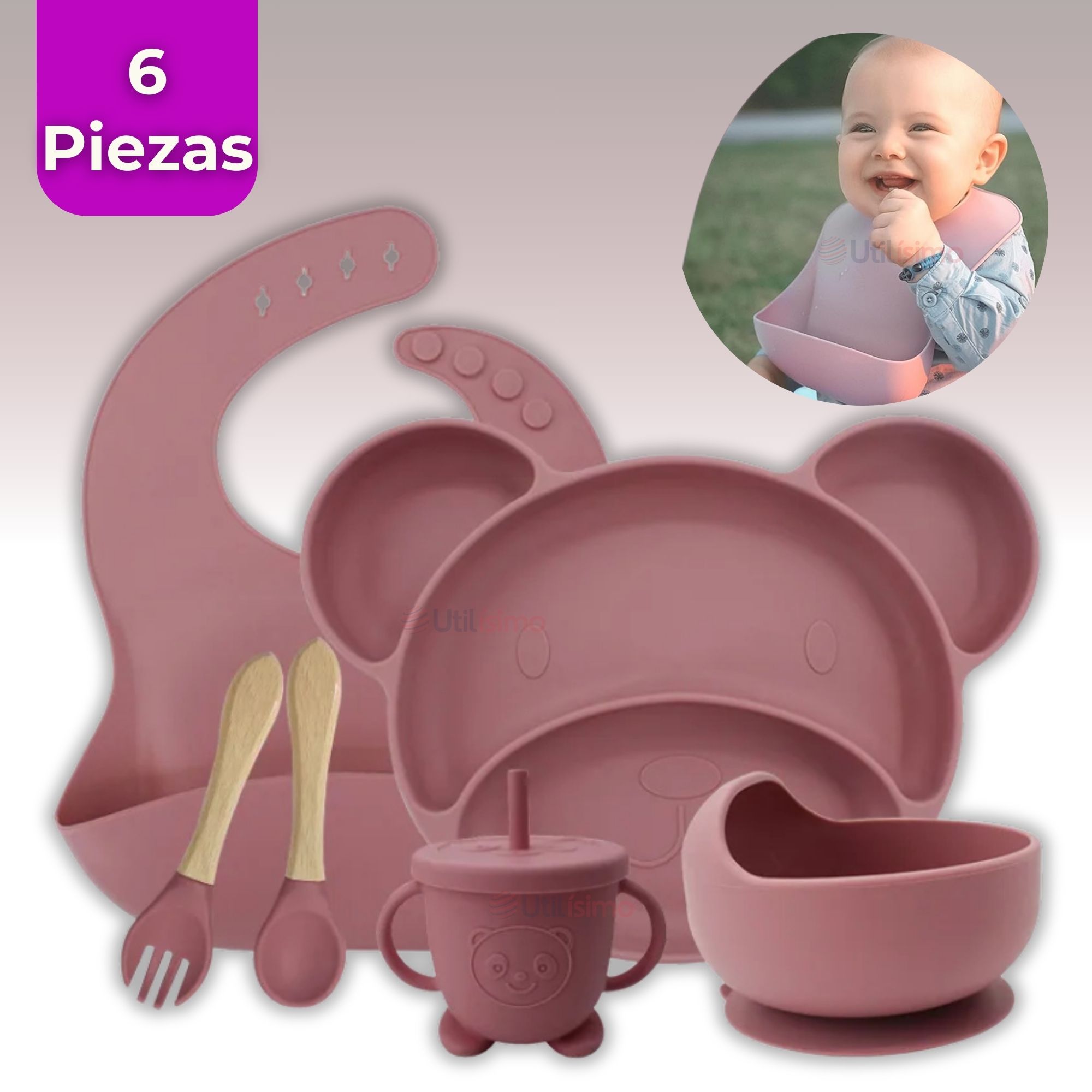 SET DE ALIMENTACIÓN BEBÉ SILICONA 6 PIEZAS LIBRE BPA COLOR ROSA OSCURO - 1