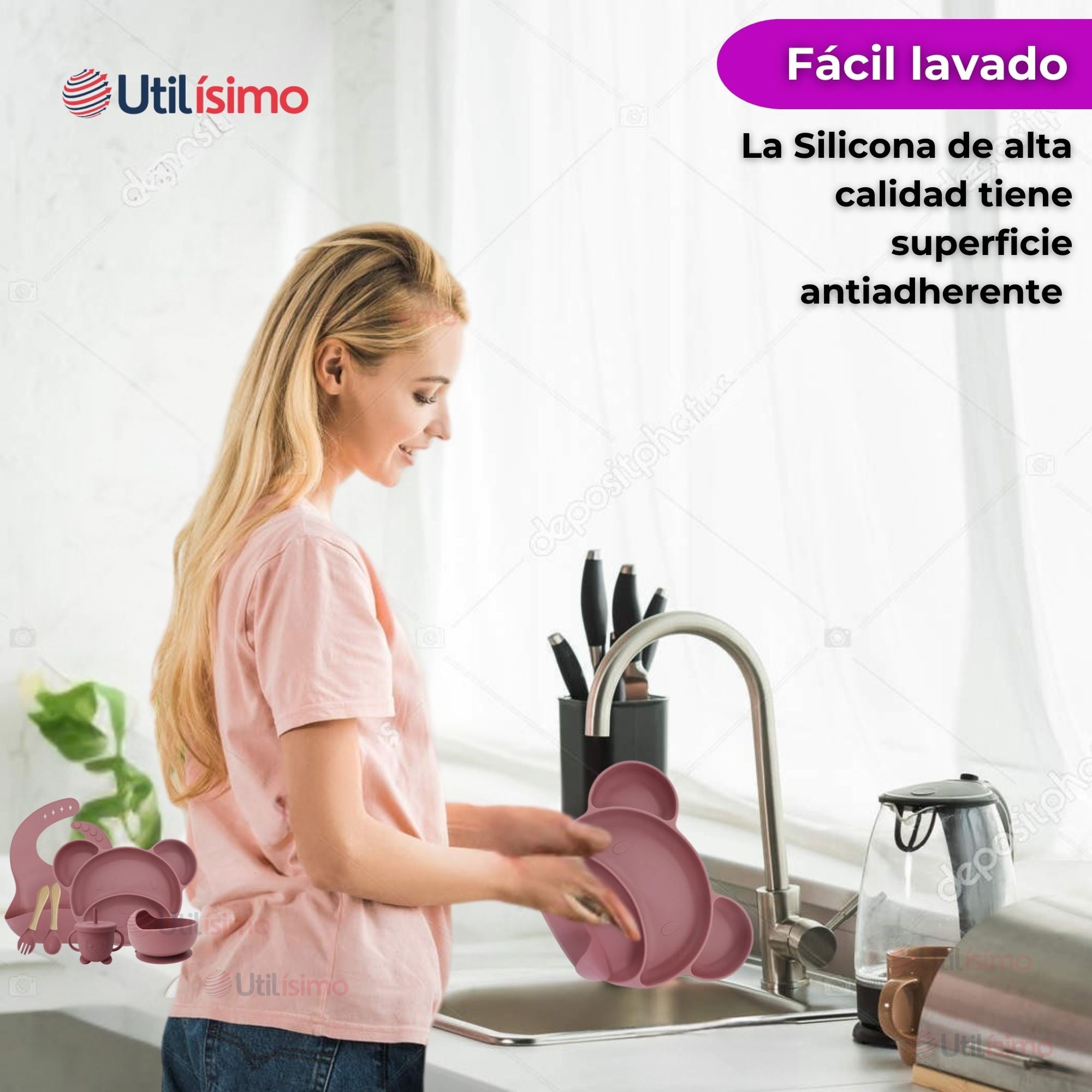 SET DE ALIMENTACIÓN BEBÉ SILICONA 6 PIEZAS LIBRE BPA COLOR ROSA OSCURO - 2