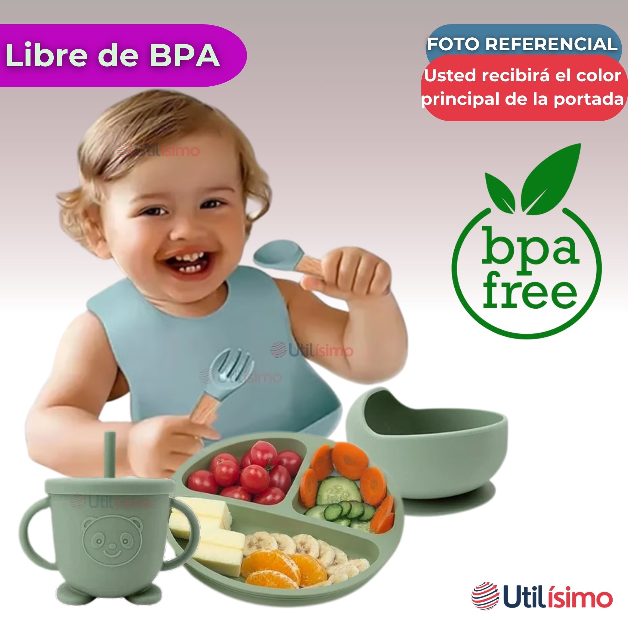 SET DE ALIMENTACIÓN BEBÉ SILICONA 6 PIEZAS LIBRE BPA COLOR ROSA OSCURO - 4
