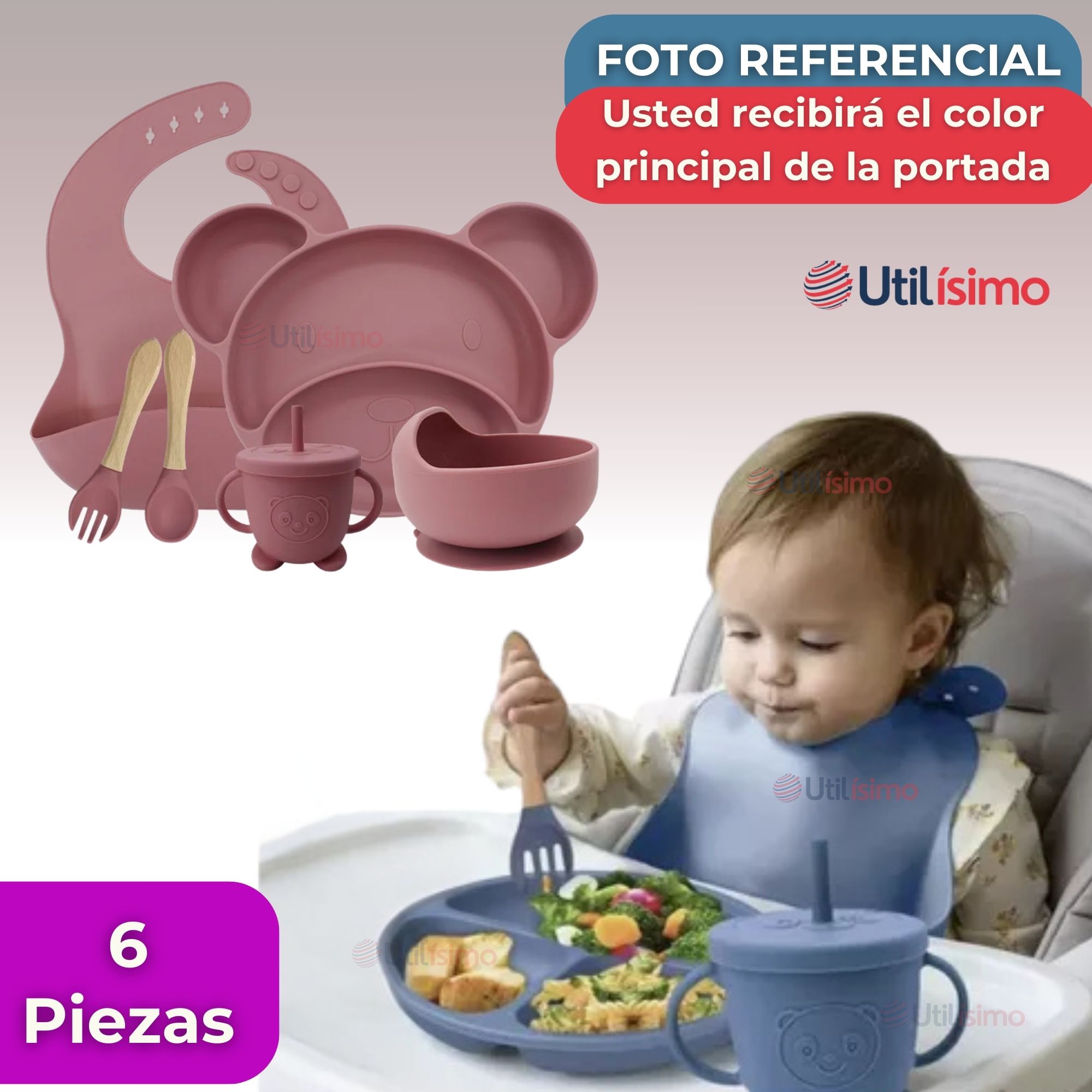 SET DE ALIMENTACIÓN BEBÉ SILICONA 6 PIEZAS LIBRE BPA COLOR ROSA OSCURO - 8
