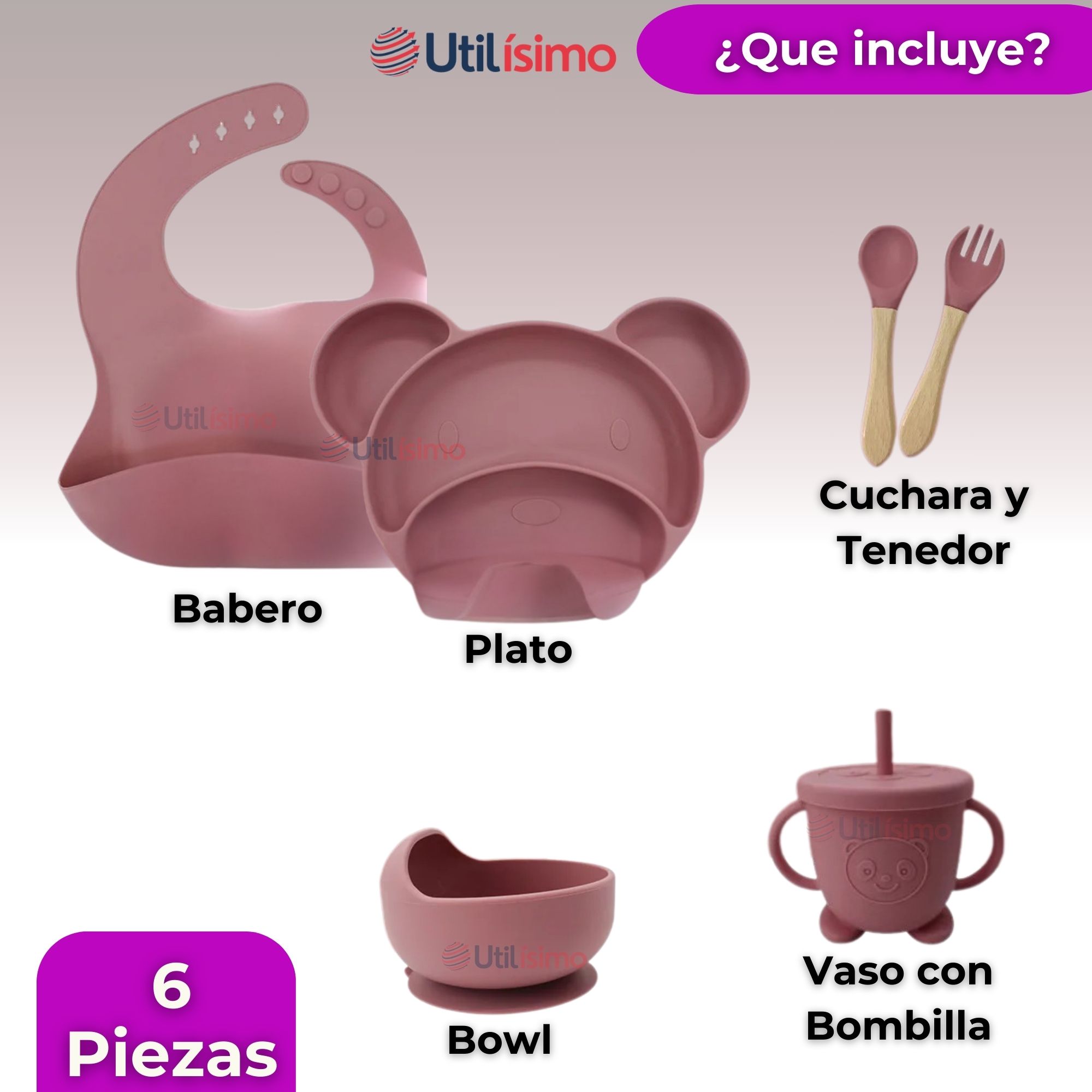 SET DE ALIMENTACIÓN BEBÉ SILICONA 6 PIEZAS LIBRE BPA COLOR ROSA OSCURO - 9